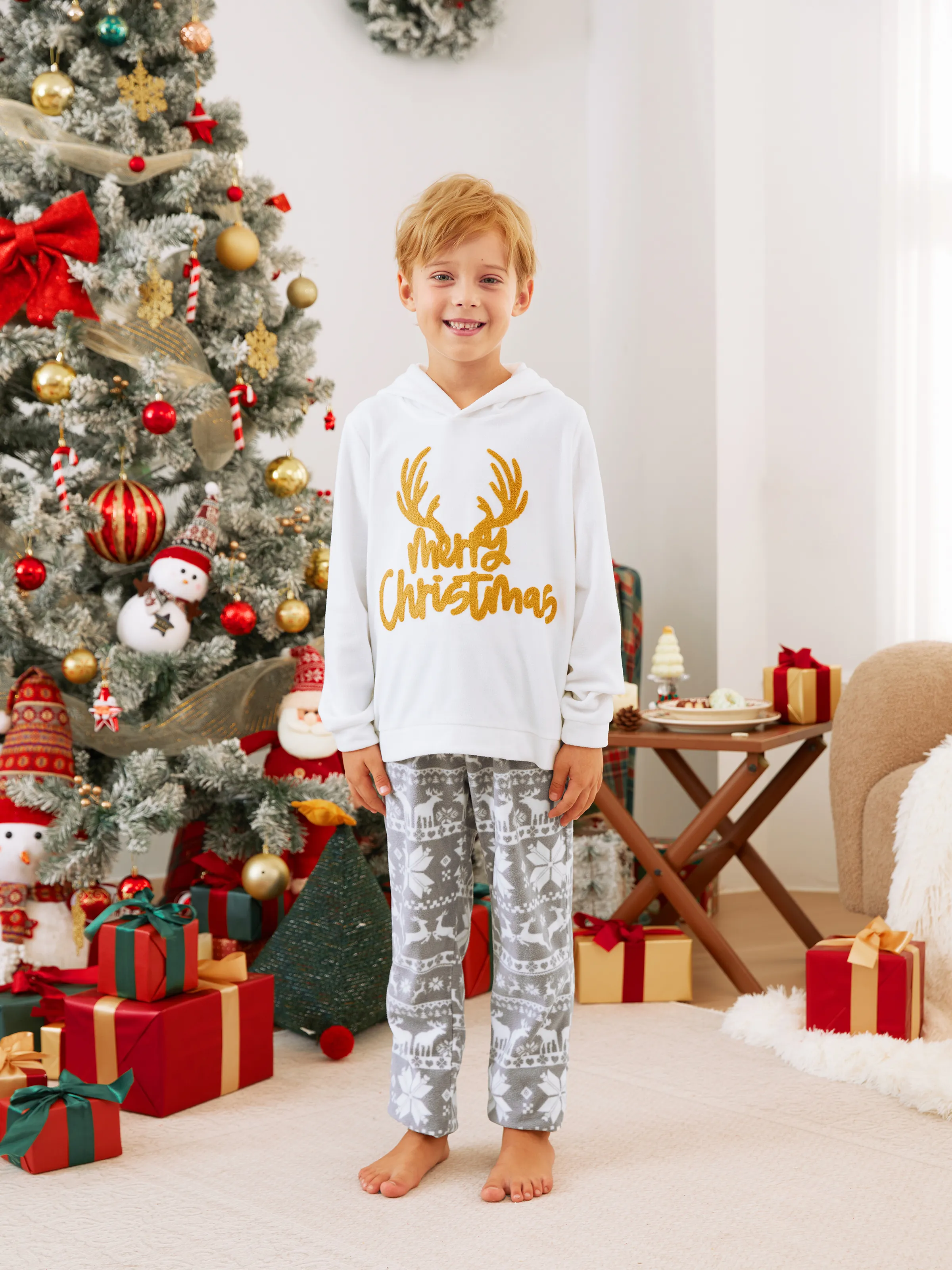 

Christmas Family Matching Letters Embroidered Long-sleeve Hooded Fleece Pajamas Sets