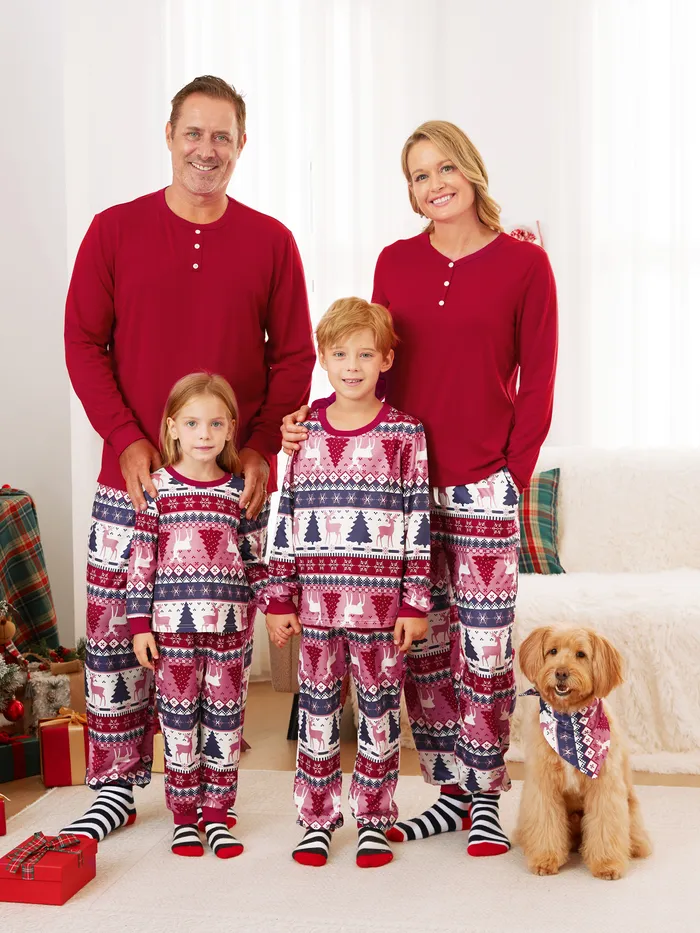 Christmas Family Matching Red Reindeer/Christmas Tree Pattern Pajamas Sets with Pockets and Drawstring 