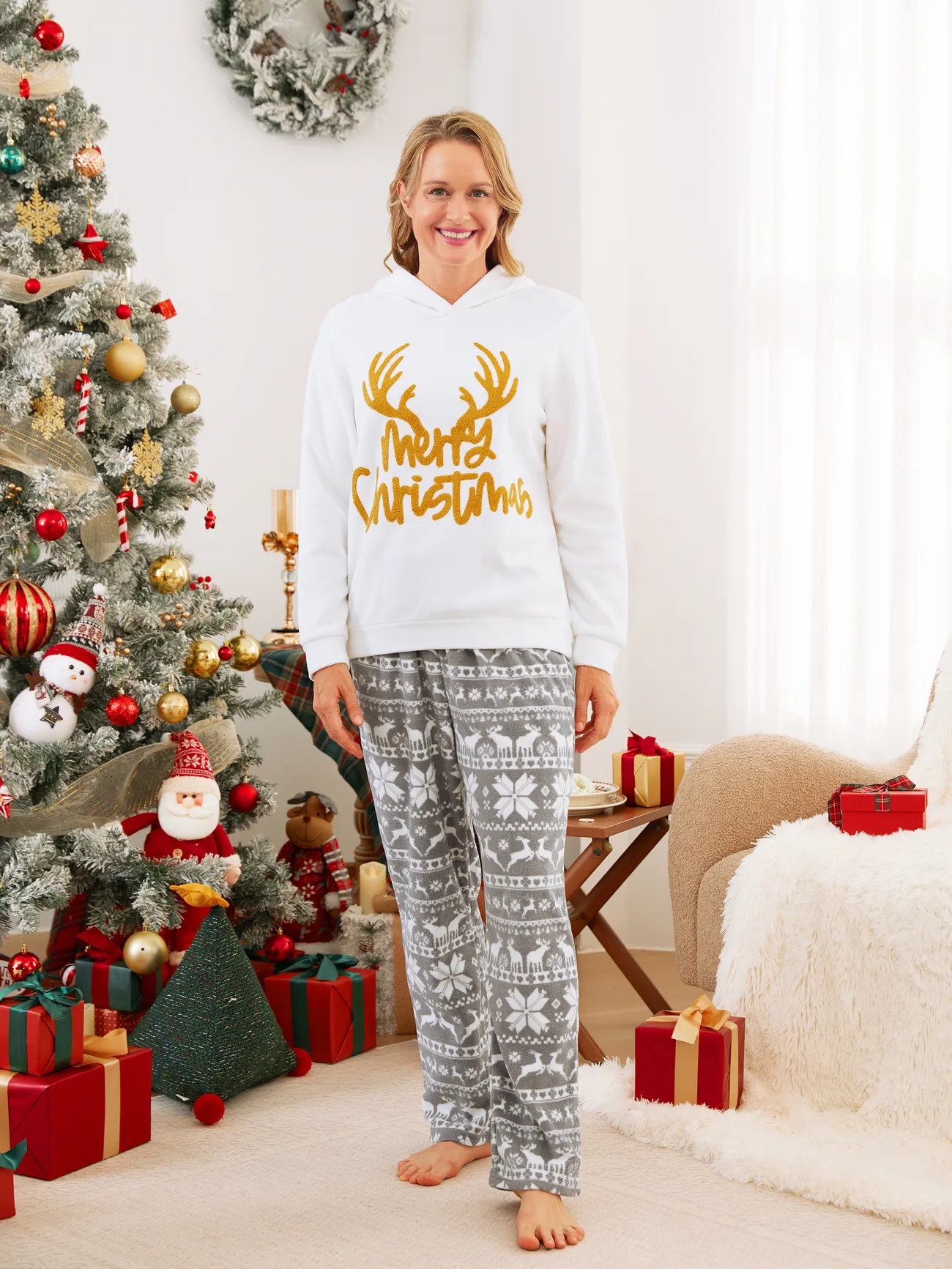 

Christmas Family Matching Letters Embroidered Long-sleeve Hooded Fleece Pajamas Sets