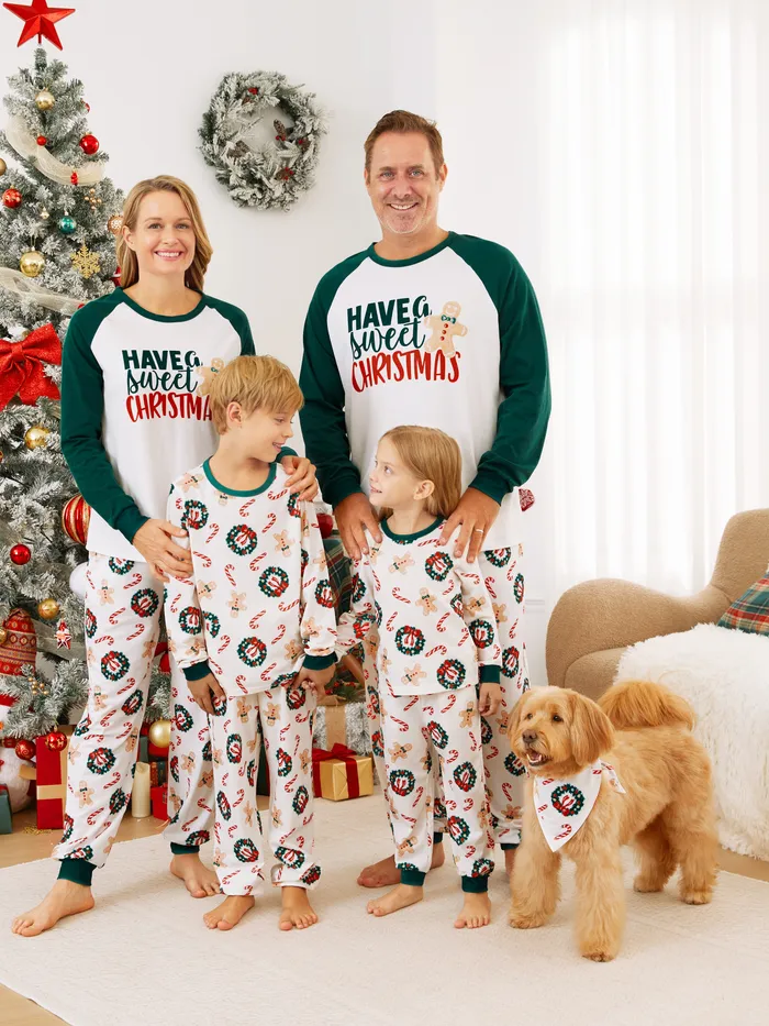 Christmas Family Matching Raglan Sleeves Gingerbread Man Pattern Slogan Pajamas Sets with Drawstring and Pockets 