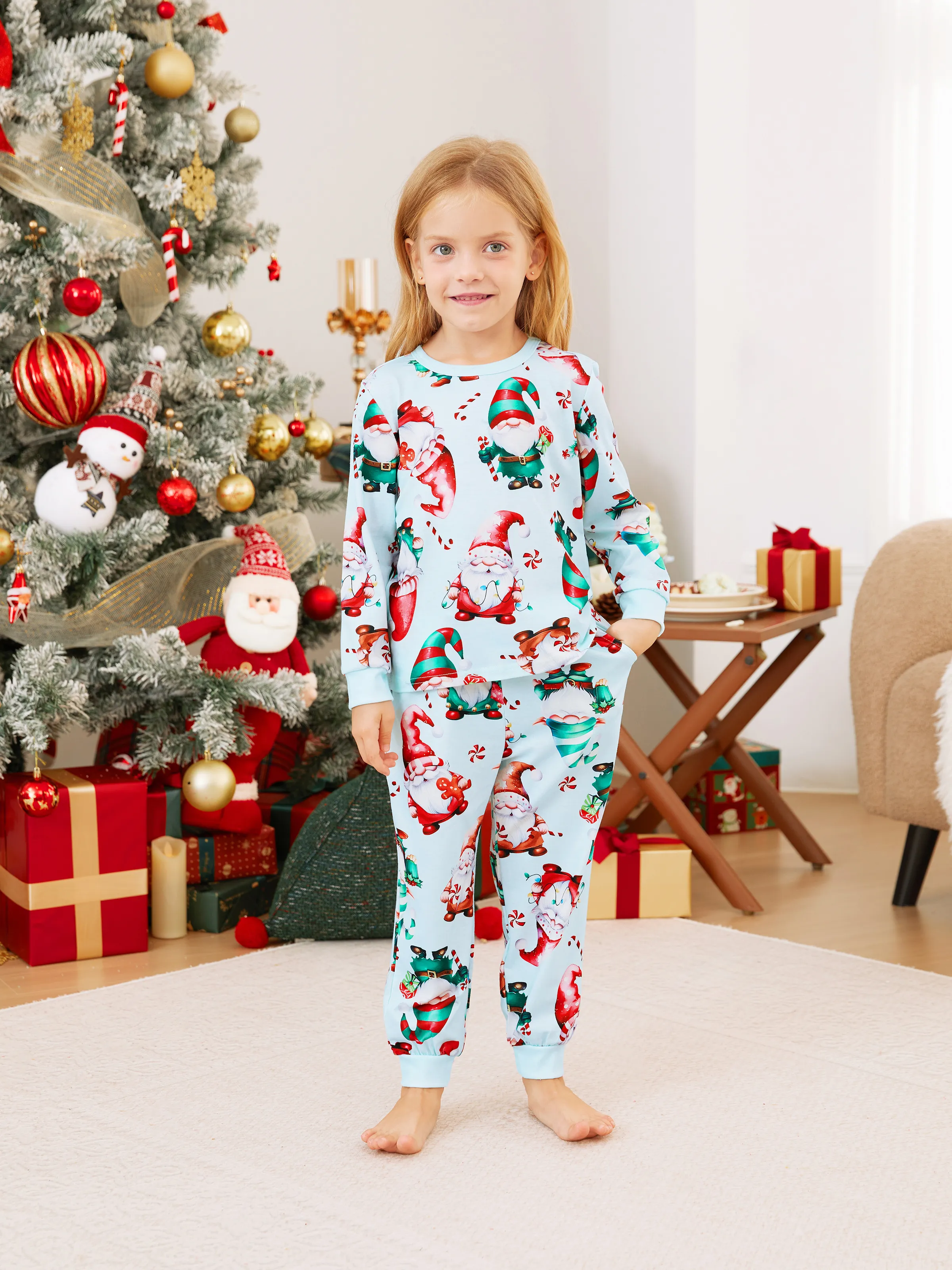 

Christmas Family Matching Light Blue Allover Gnome Pattern Pajamas Sets with Drawstring and Pockets