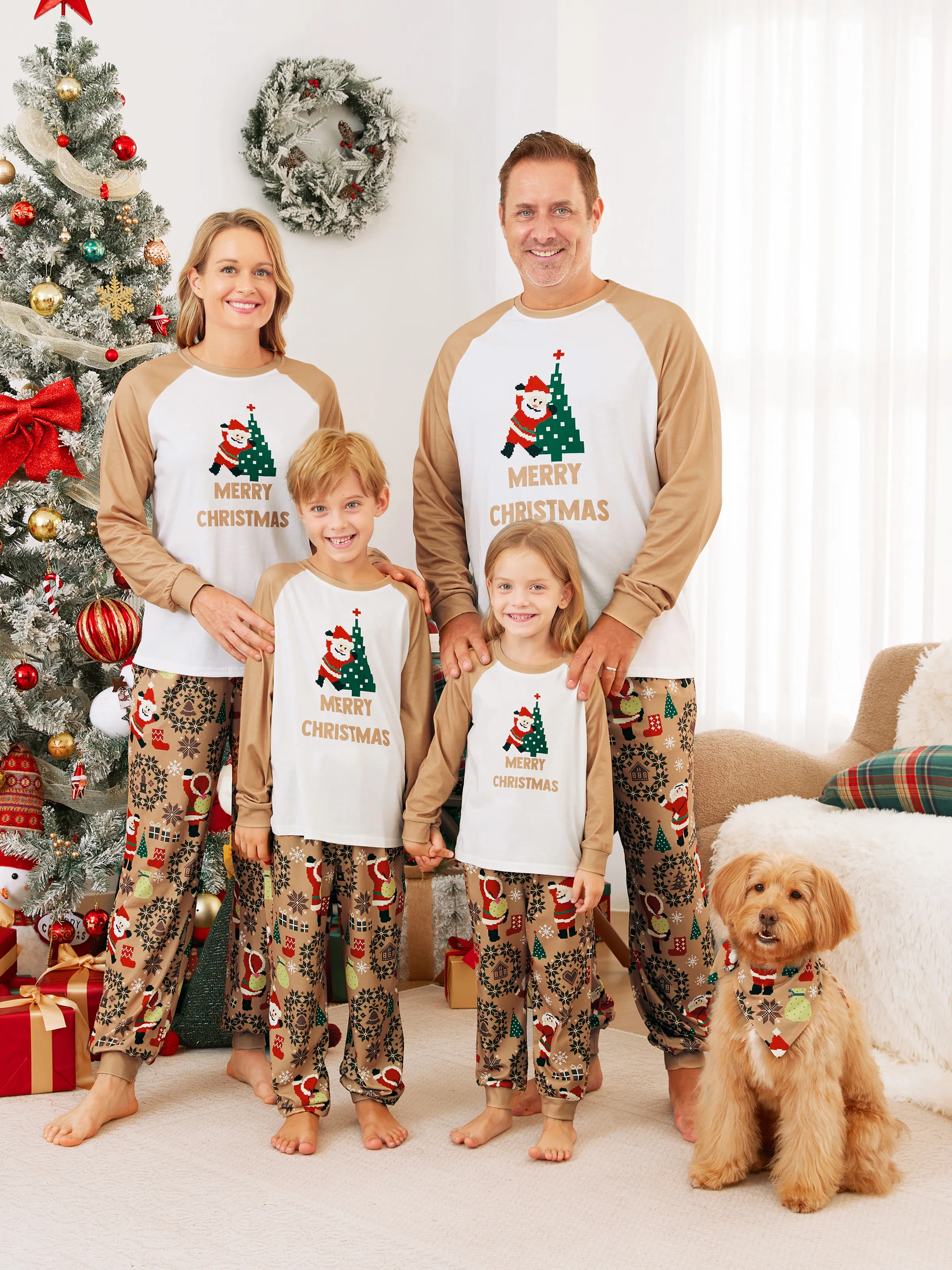 Matching Famiy Christmas Pajamas (Khaki) - Raglan Sleeves PJ Sets Pixel Art Style (Drawstring, Pockets)