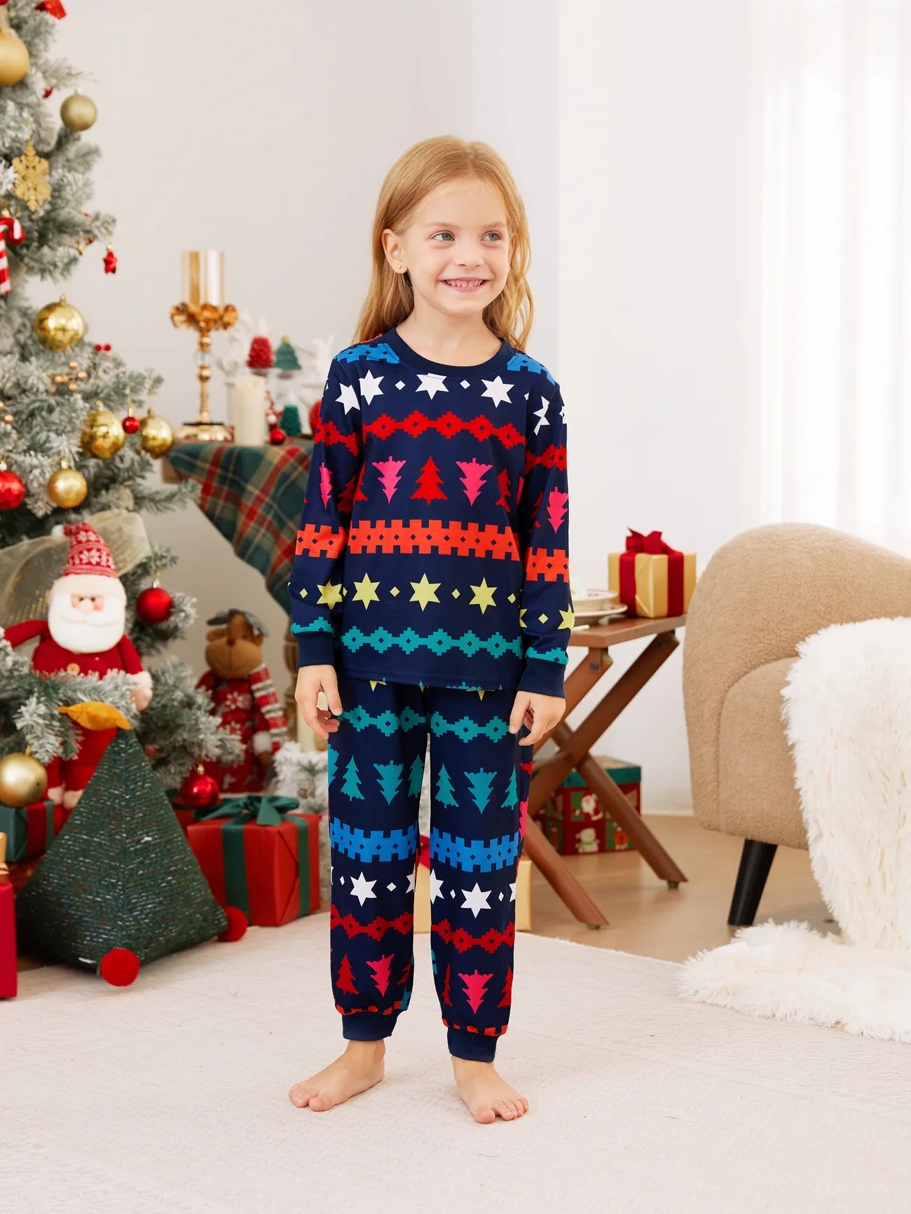 

Christmas Family Matching Allover Xmas Tree/Star/Fair Isle Pattern Pajamas Sets with Drawstring and Pockets