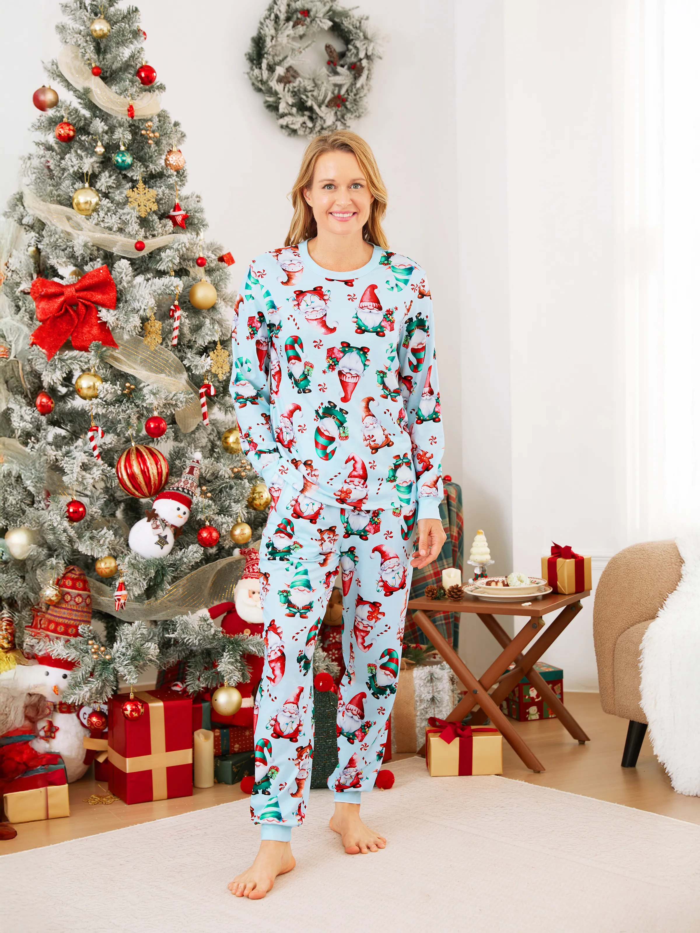 

Christmas Family Matching Light Blue Allover Gnome Pattern Pajamas Sets with Drawstring and Pockets