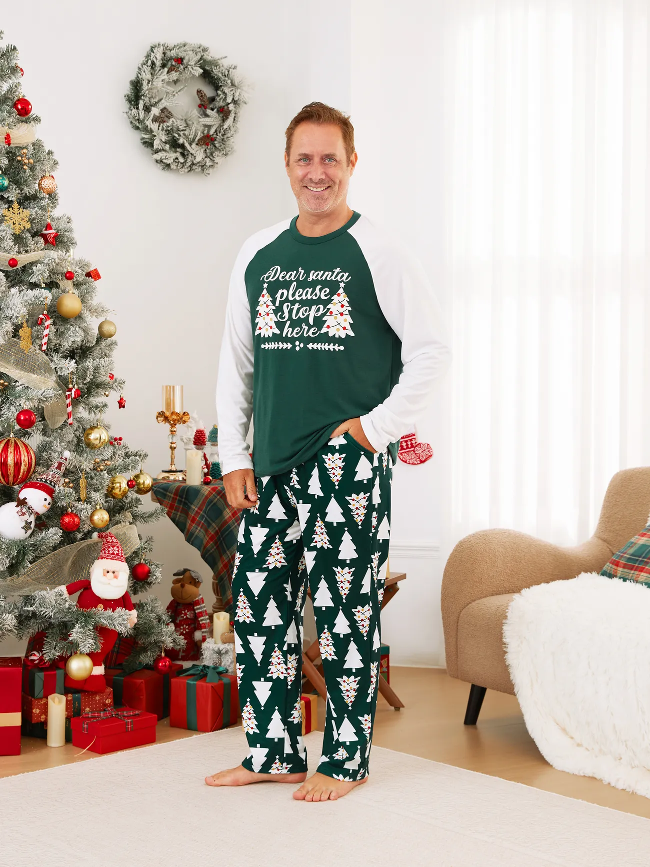 

Christmas Family Matching Glow in the Dark Message Raglan Sleeves Tops Allover Christmas Tree Pants Pajamas Sets with Pockets and Drawstring