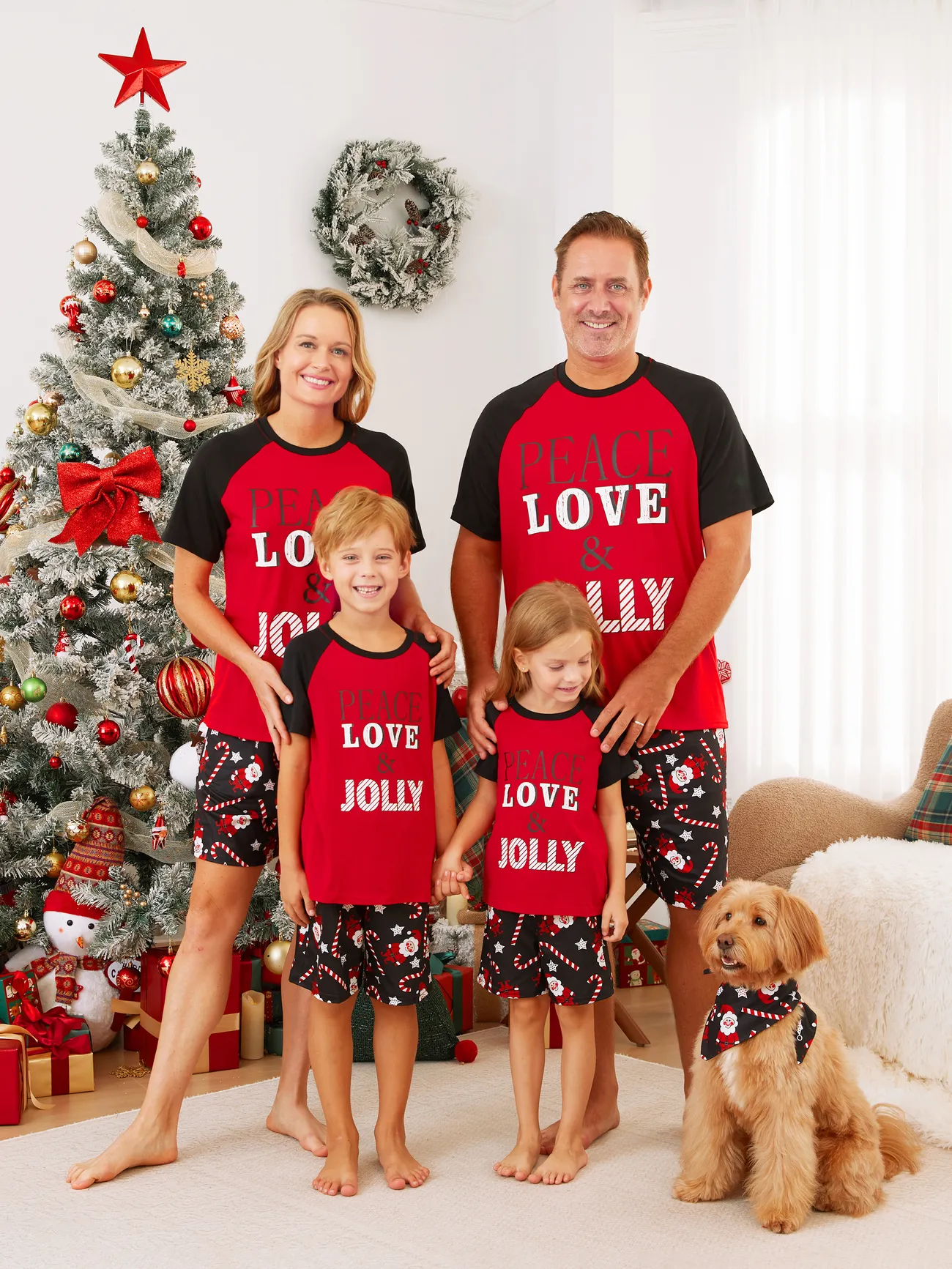 Christmas Family Matching Short Sleeves Peace Love & Jolly Pajamas Sets with Drawstring and Pockets 