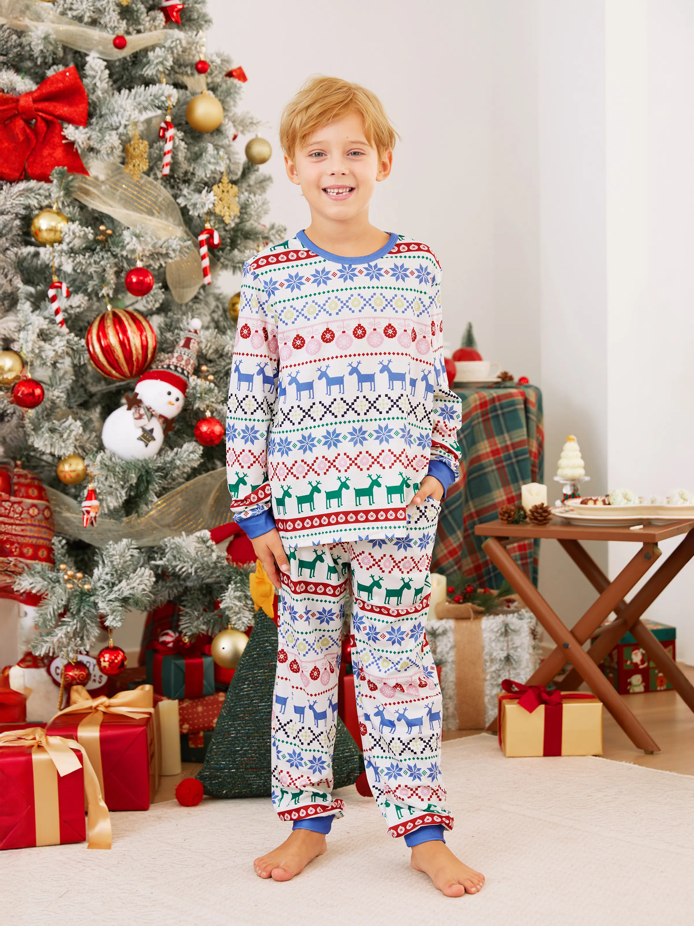 

Christmas Family Matching Vibrant Snowflake/Reindeer/Christmas Light Pattern Pajamas Sets with Pockets and Drawstring