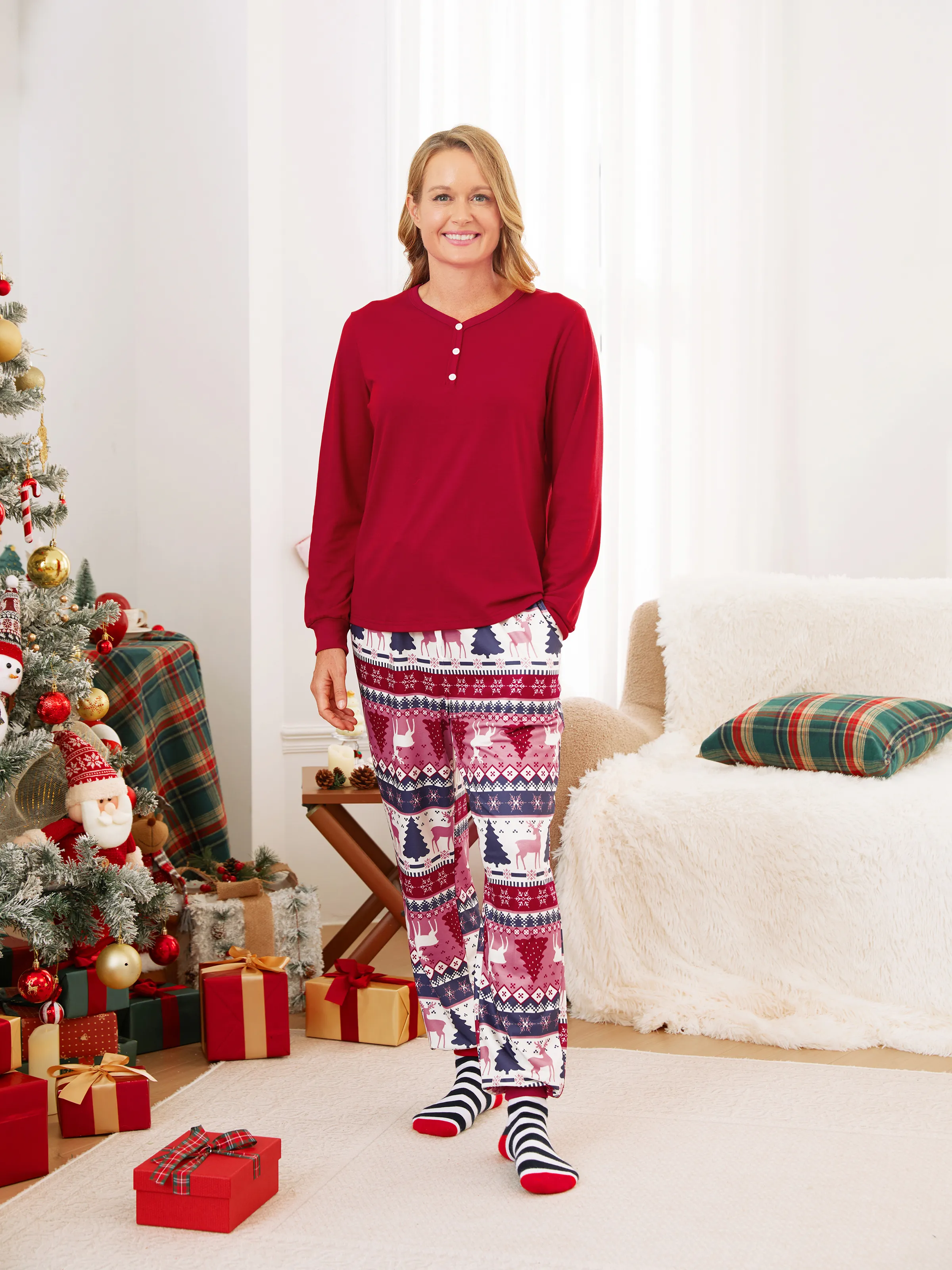 

Christmas Family Matching Red Reindeer/Christmas Tree Pattern Pajamas Sets with Pockets and Drawstring