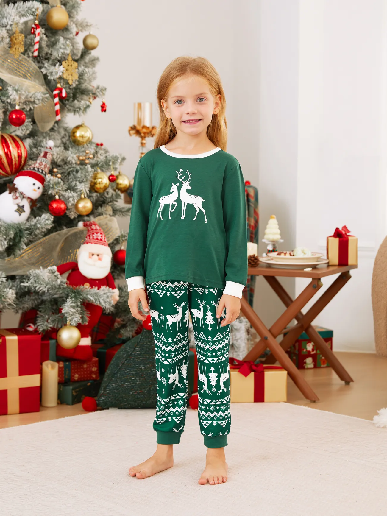 

Christmas Family Matching Glow in the Dark Reindeer Tops Allover Pattern Pants Pajamas Sets with Pockets and Drawstring