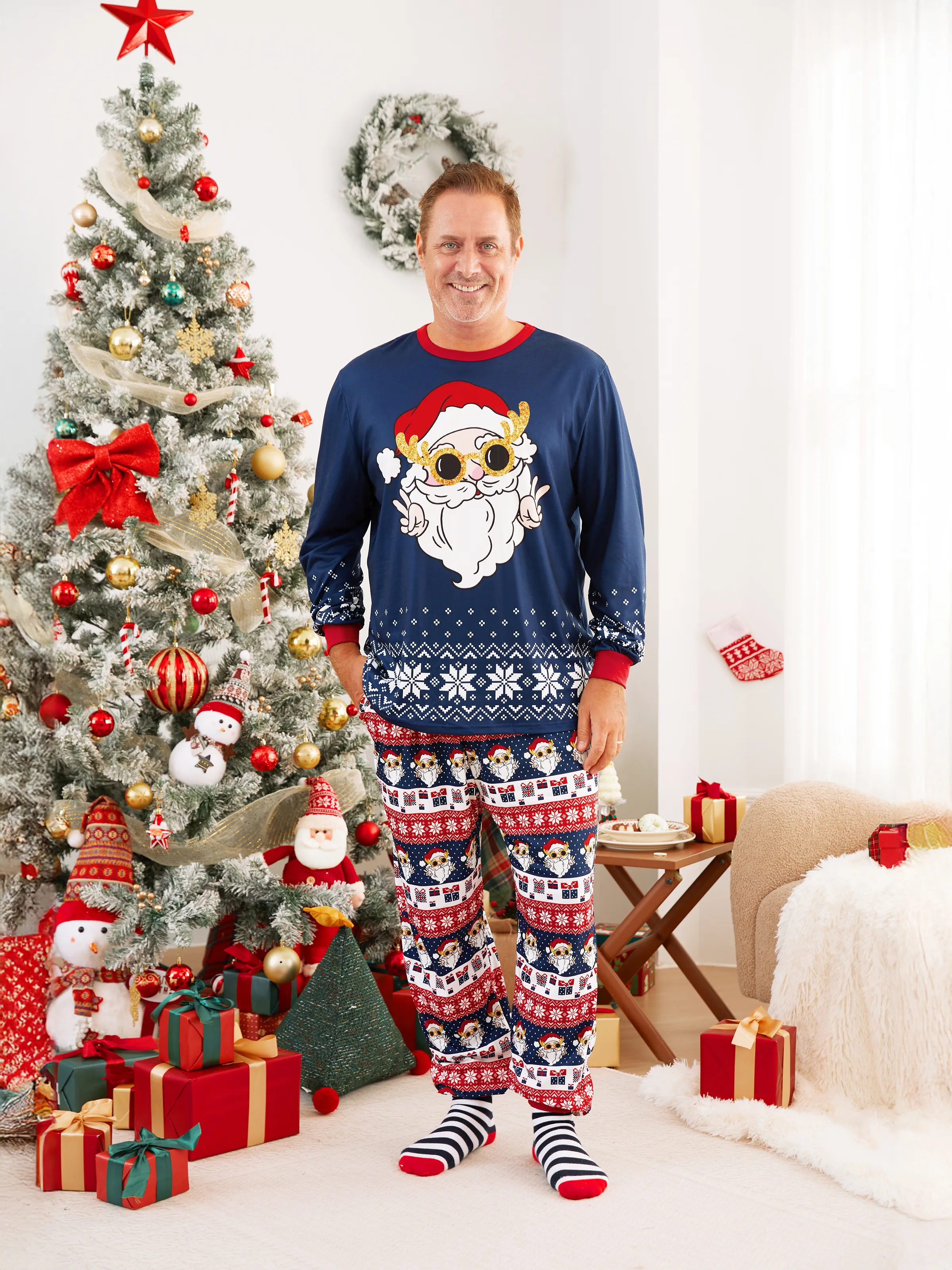 

Christmas Family Matching Funny Santa Wearing Sunglasses Graphic Pajamas Sets