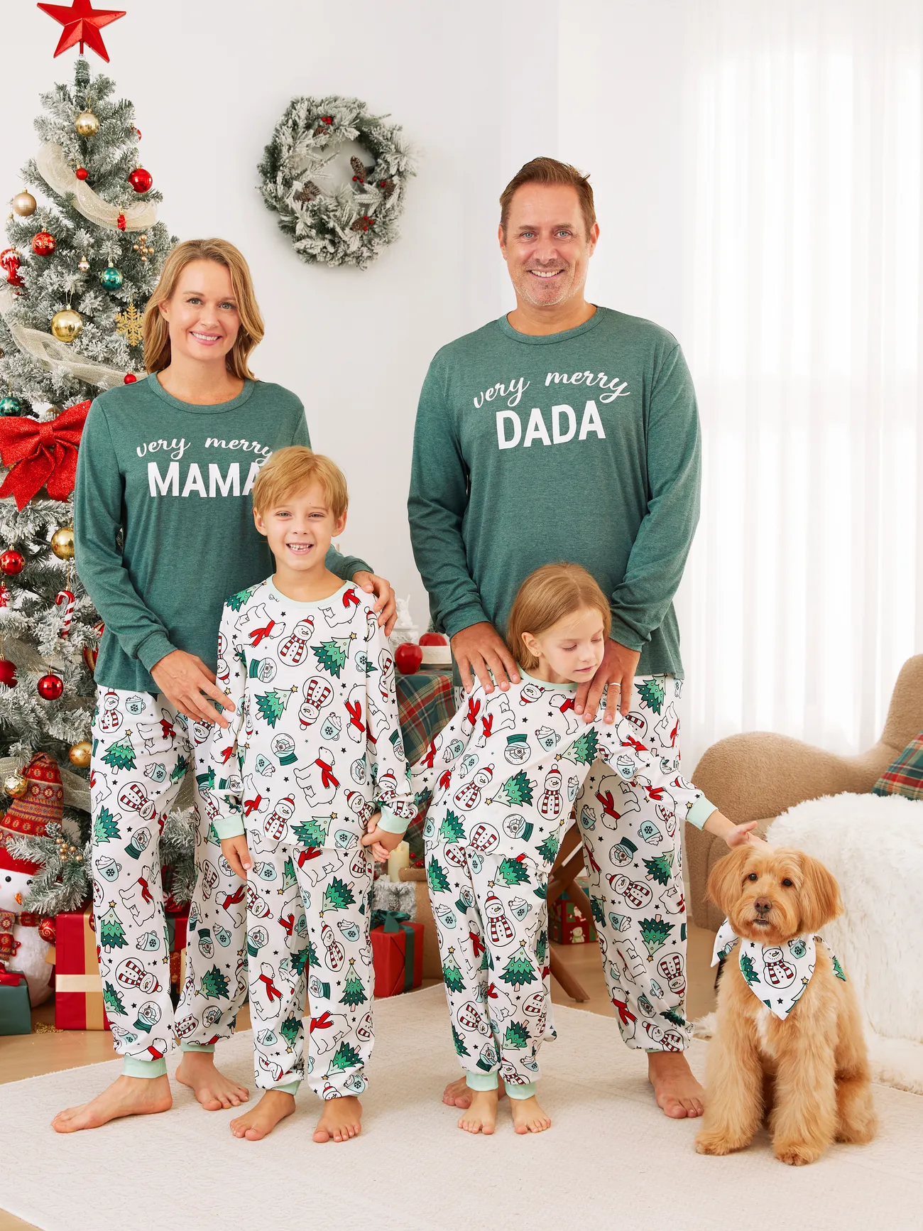 Christmas Family Pajamas - Green Tops for Adult, White PJs Allover Pattern for Kids and Dog