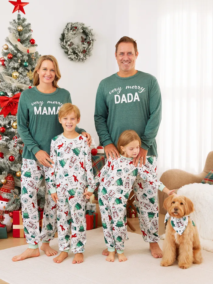 Christmas Family Matching Long Sleeves Very Merry Green Tops Allover Pattern Pants Pajamas Sets ( Flame Resistant )