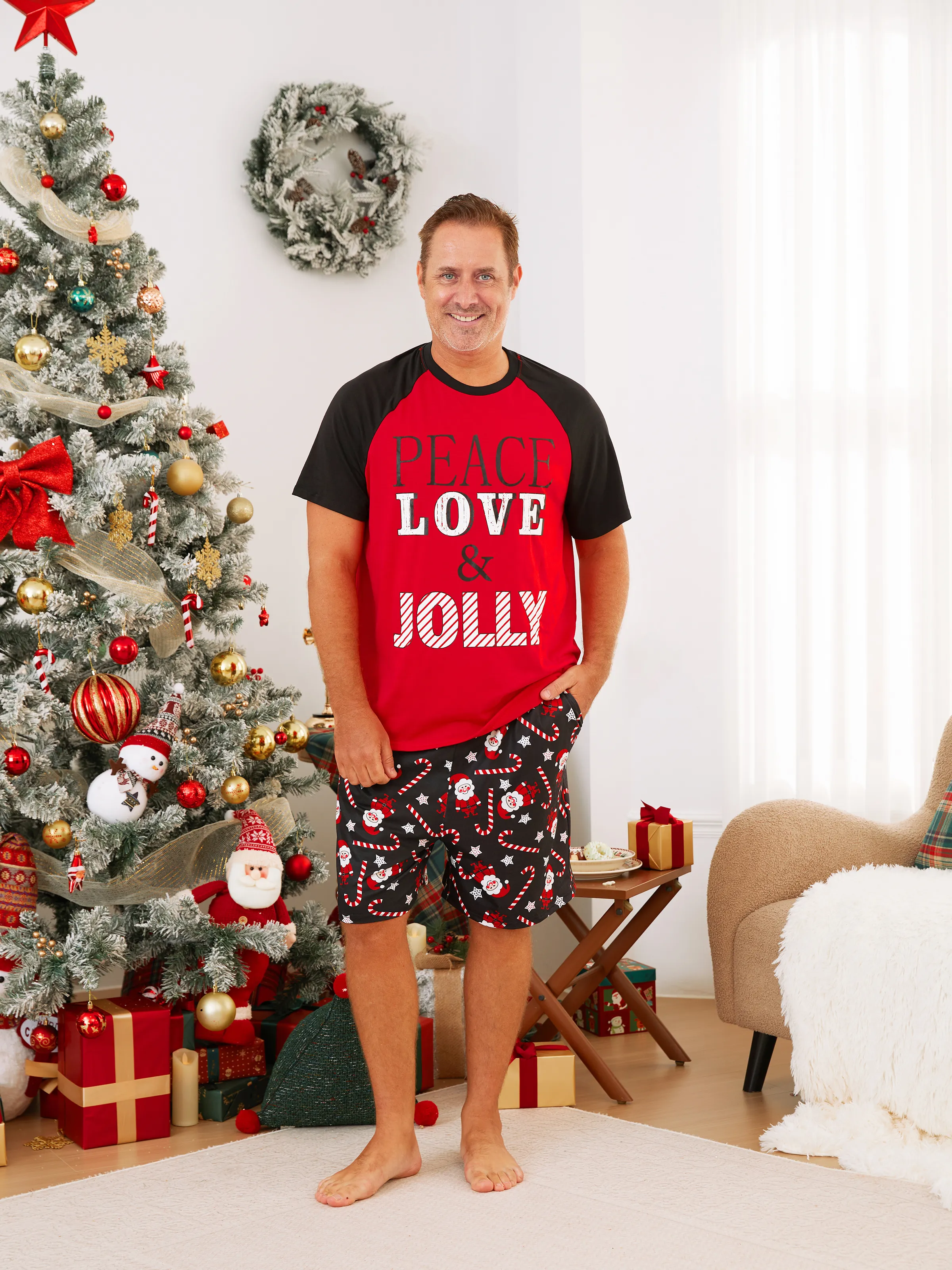 

Christmas Family Matching Short Sleeves Peace Love & Jolly Pajamas Sets with Drawstring and Pockets