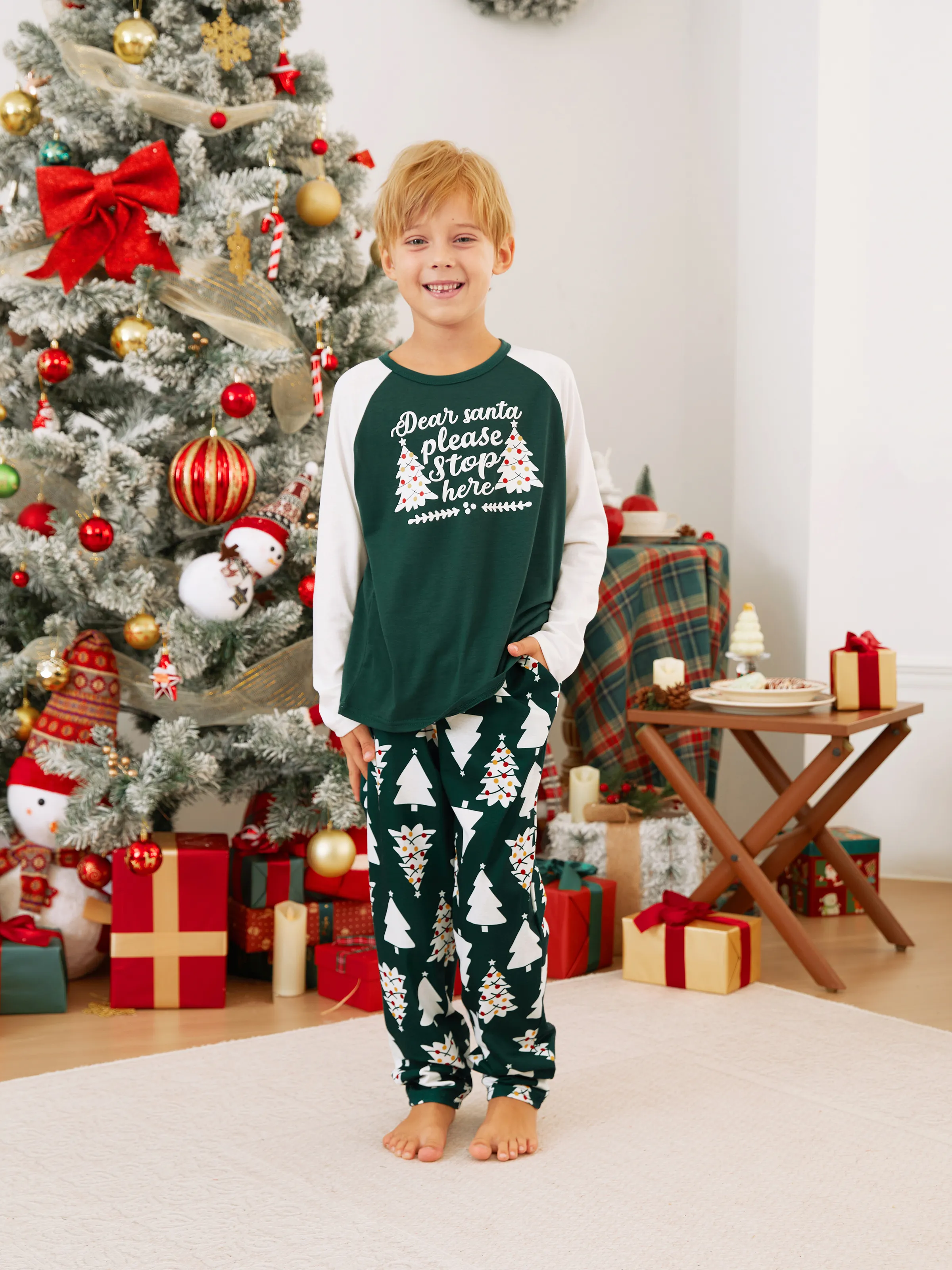 

Christmas Family Matching Glow in the Dark Message Raglan Sleeves Tops Allover Christmas Tree Pants Pajamas Sets with Pockets and Drawstring