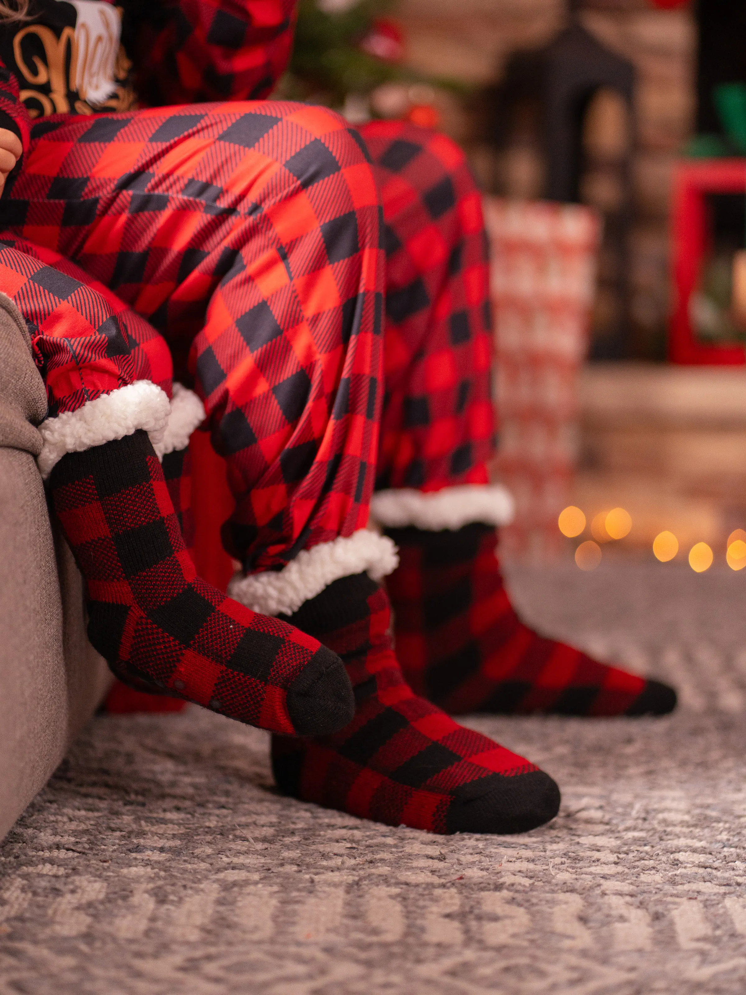 Christmas Socks Family Matching Red&Black Plaid Check Pattern Anti-Slip Floor Socks