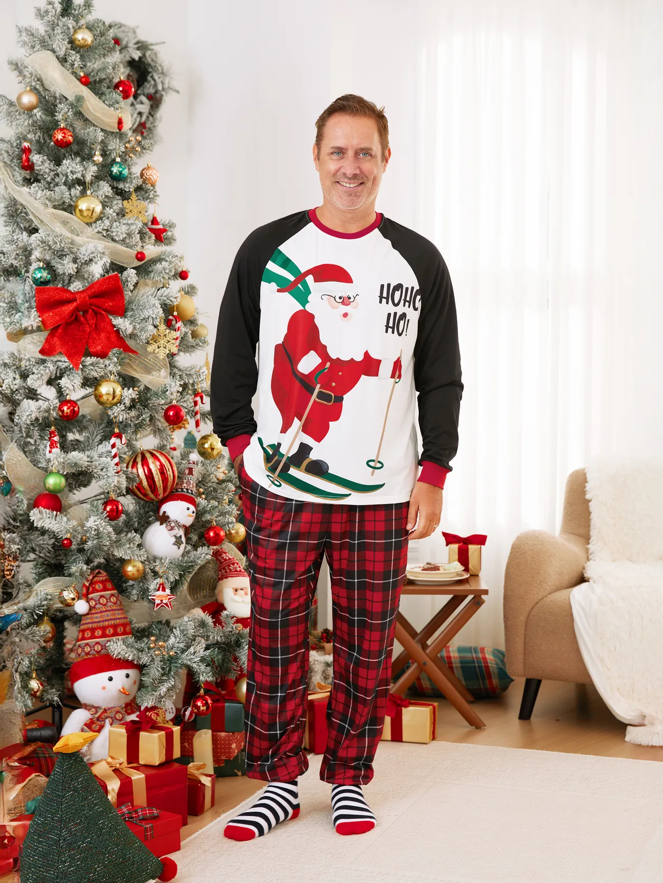 

Christmas Family Raglan Sleeves Funny Santa Graphic Plaid Pants Pajamas Sets with Drawstring and Pockets