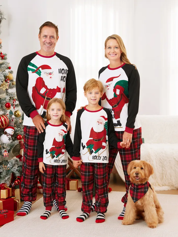 Christmas Family Raglan Sleeves Funny Santa Graphic Plaid Pants Pajamas Sets with Drawstring and Pockets