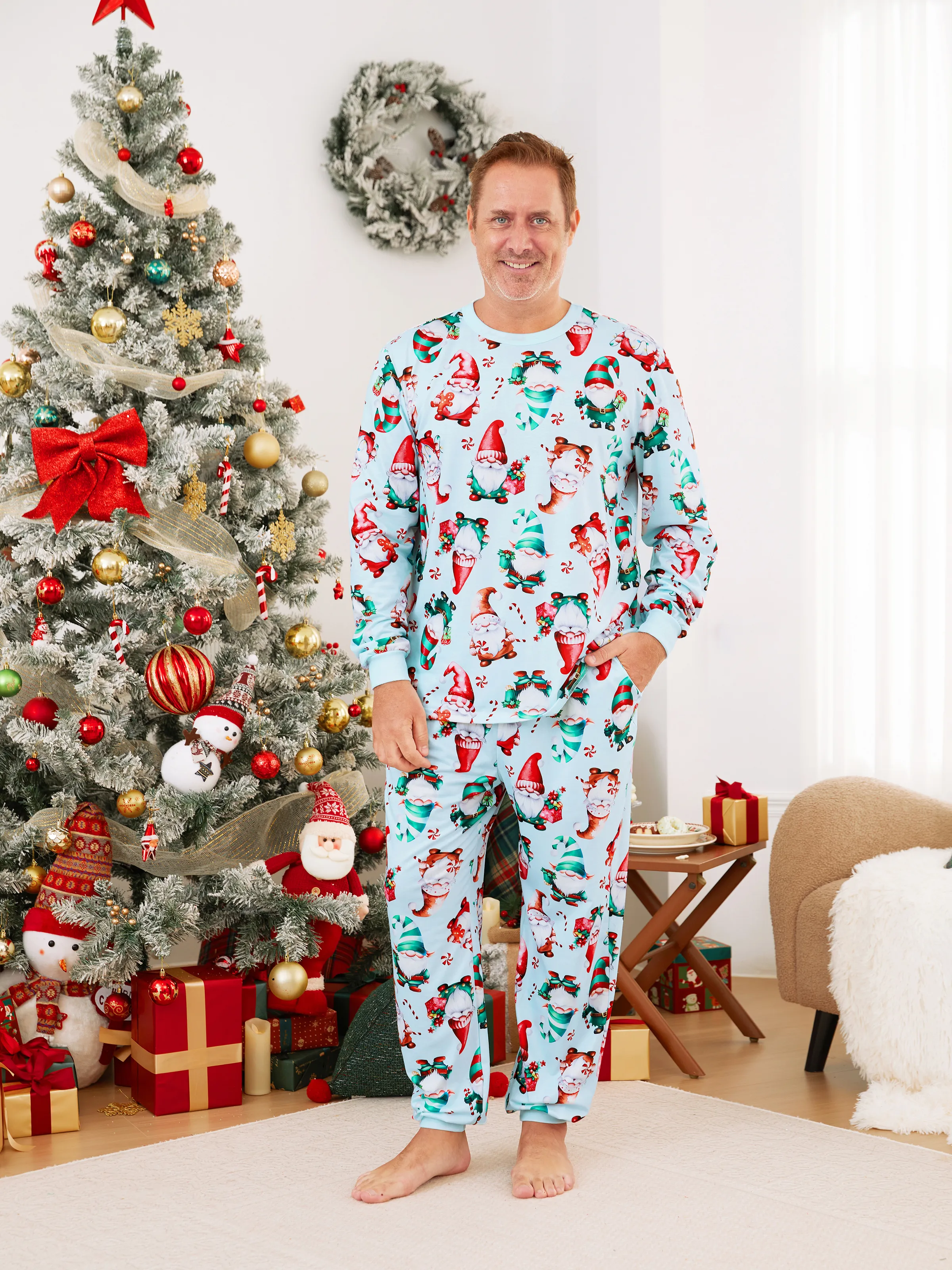 

Christmas Family Matching Light Blue Allover Gnome Pattern Pajamas Sets with Drawstring and Pockets