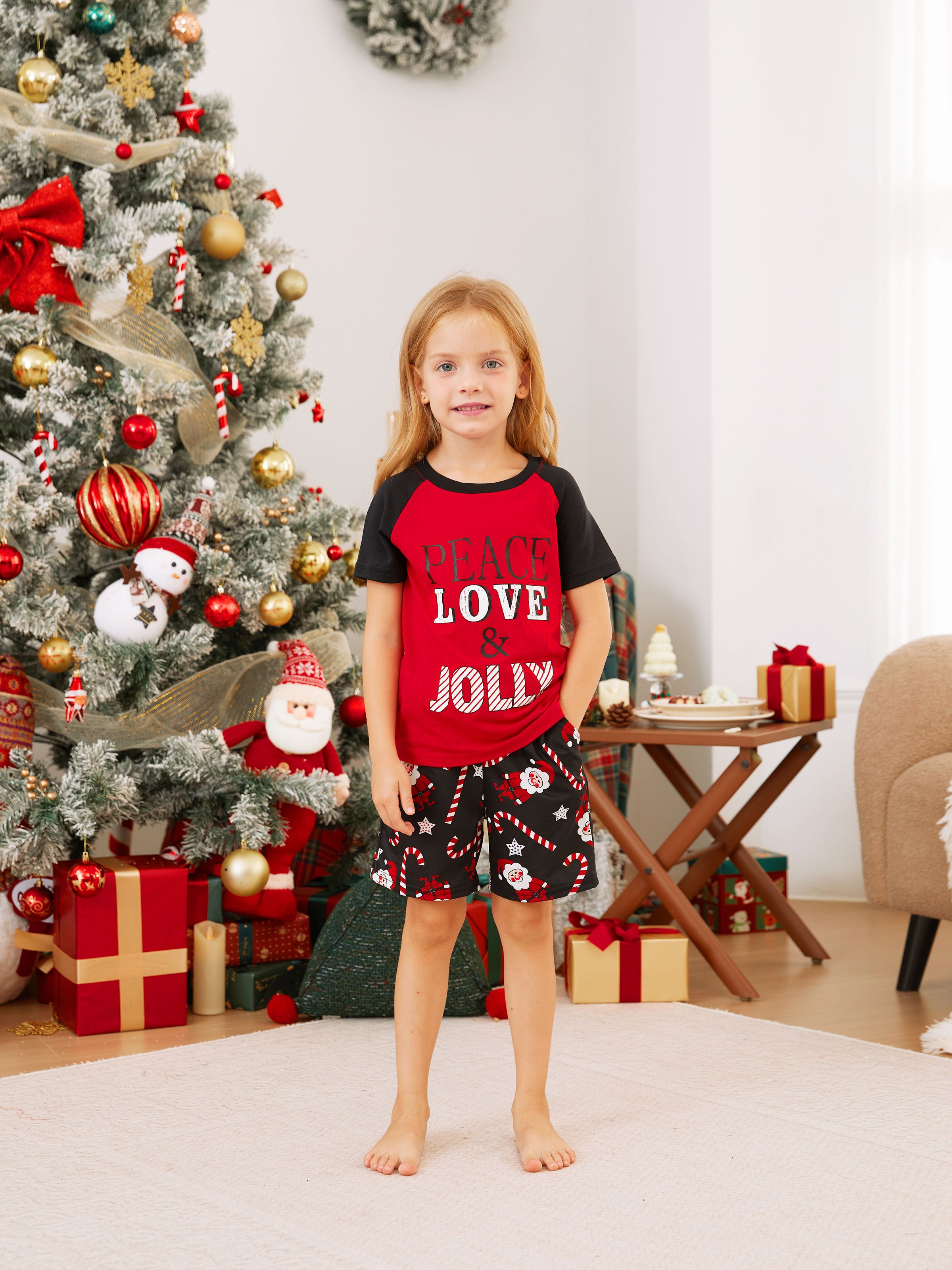 

Christmas Family Matching Short Sleeves Peace Love & Jolly Pajamas Sets with Drawstring and Pockets