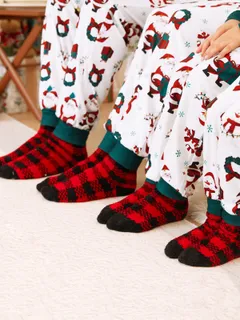 Christmas Socks Furry Red&Black Plaid Matching for the Whole Family