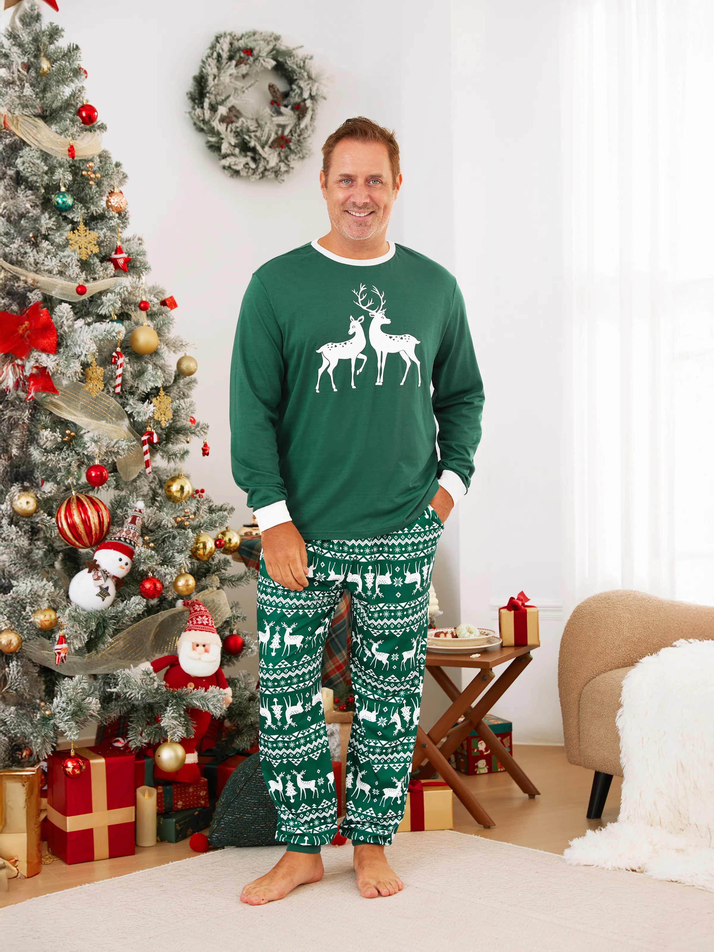 

Christmas Family Matching Glow in the Dark Reindeer Tops Allover Pattern Pants Pajamas Sets with Pockets and Drawstring