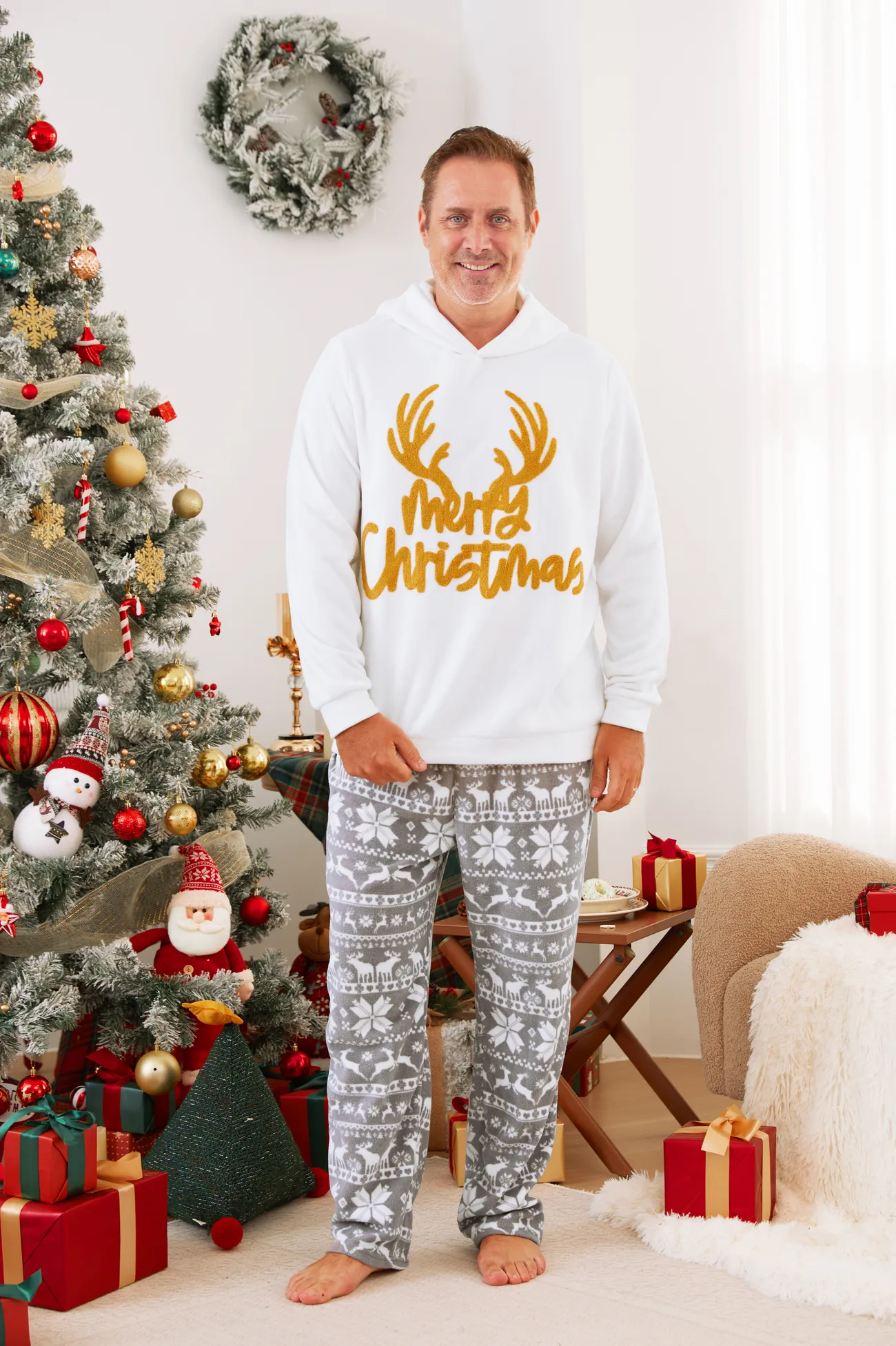 

Christmas Family Matching Letters Embroidered Long-sleeve Hooded Fleece Pajamas Sets