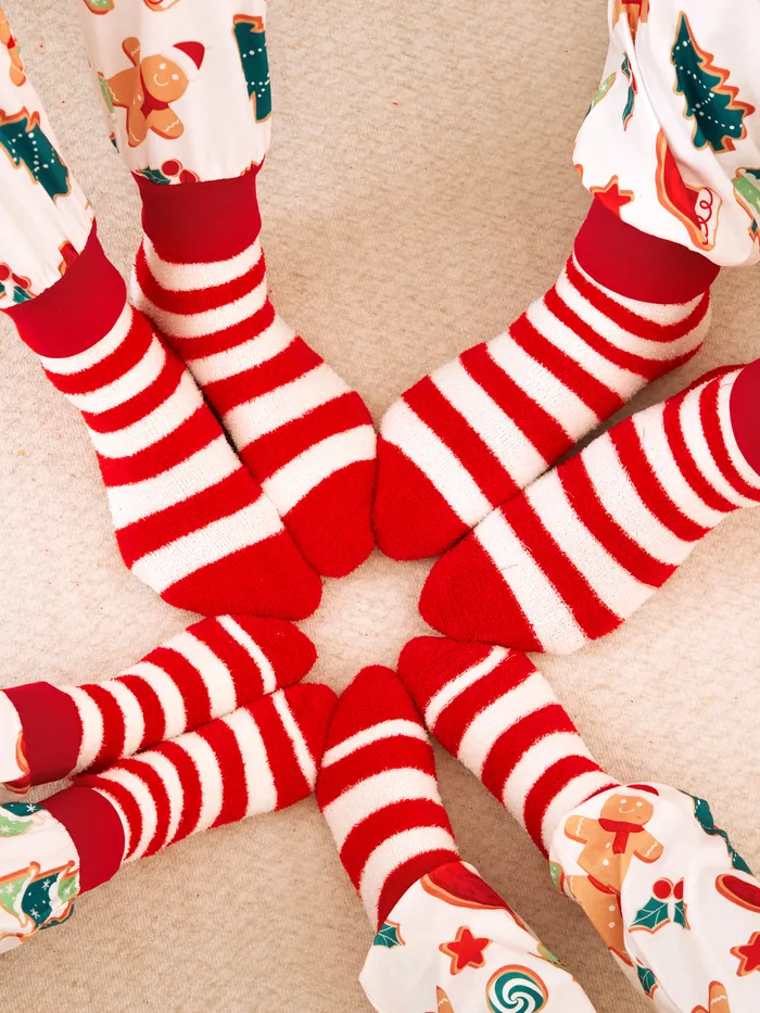 Christmas Socks Red&White Striped Furry Holiday Socks Matching for Family 