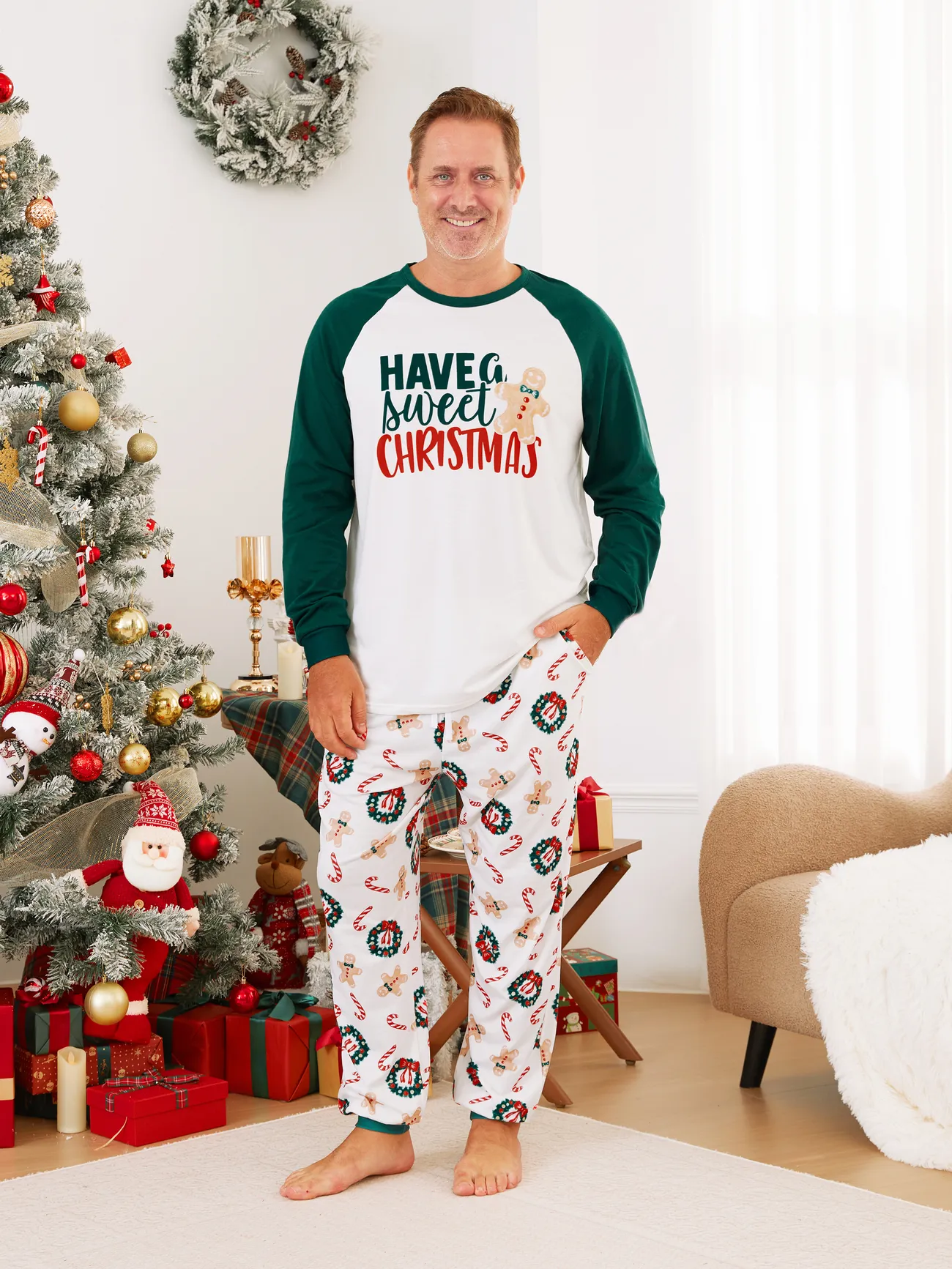 

Christmas Family Matching Raglan Sleeves Gingerbread Man Pattern Slogan Pajamas Sets with Drawstring and Pockets