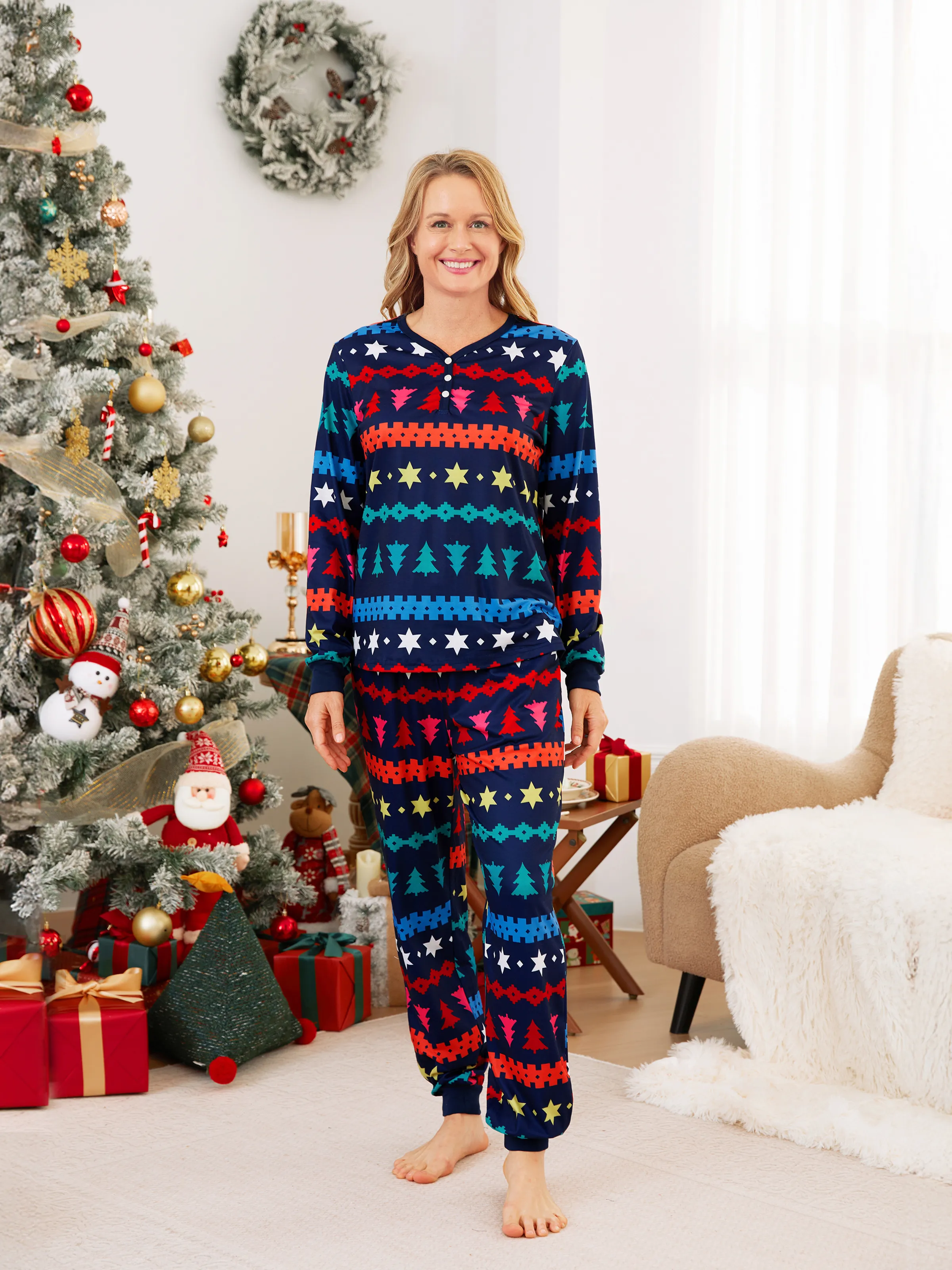 

Christmas Family Matching Allover Xmas Tree/Star/Fair Isle Pattern Pajamas Sets with Drawstring and Pockets