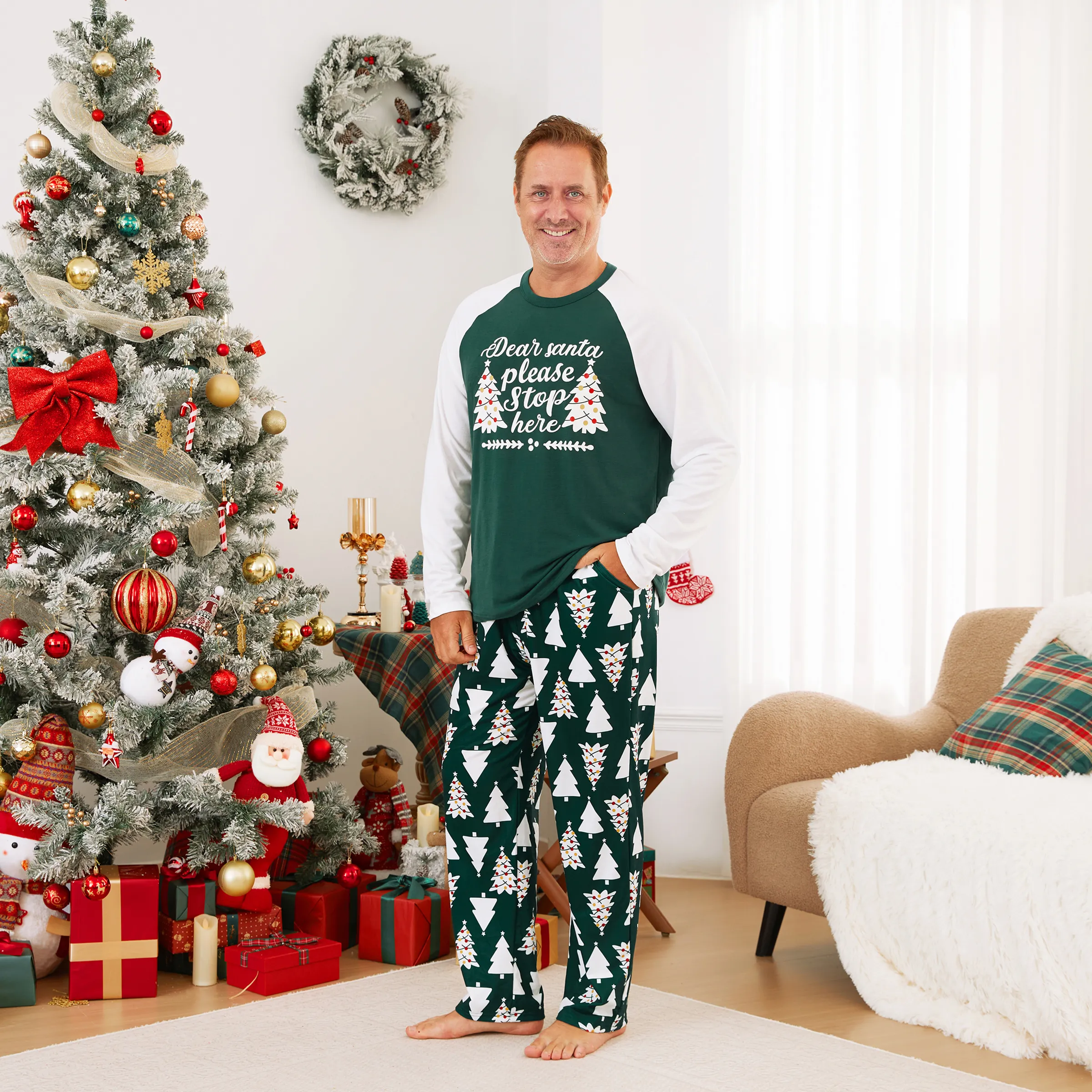 Christmas Family Matching Glow In The Dark Message Raglan Sleeves Tops Allover Christmas Tree Pants Pajamas Sets With Pockets And Drawstring