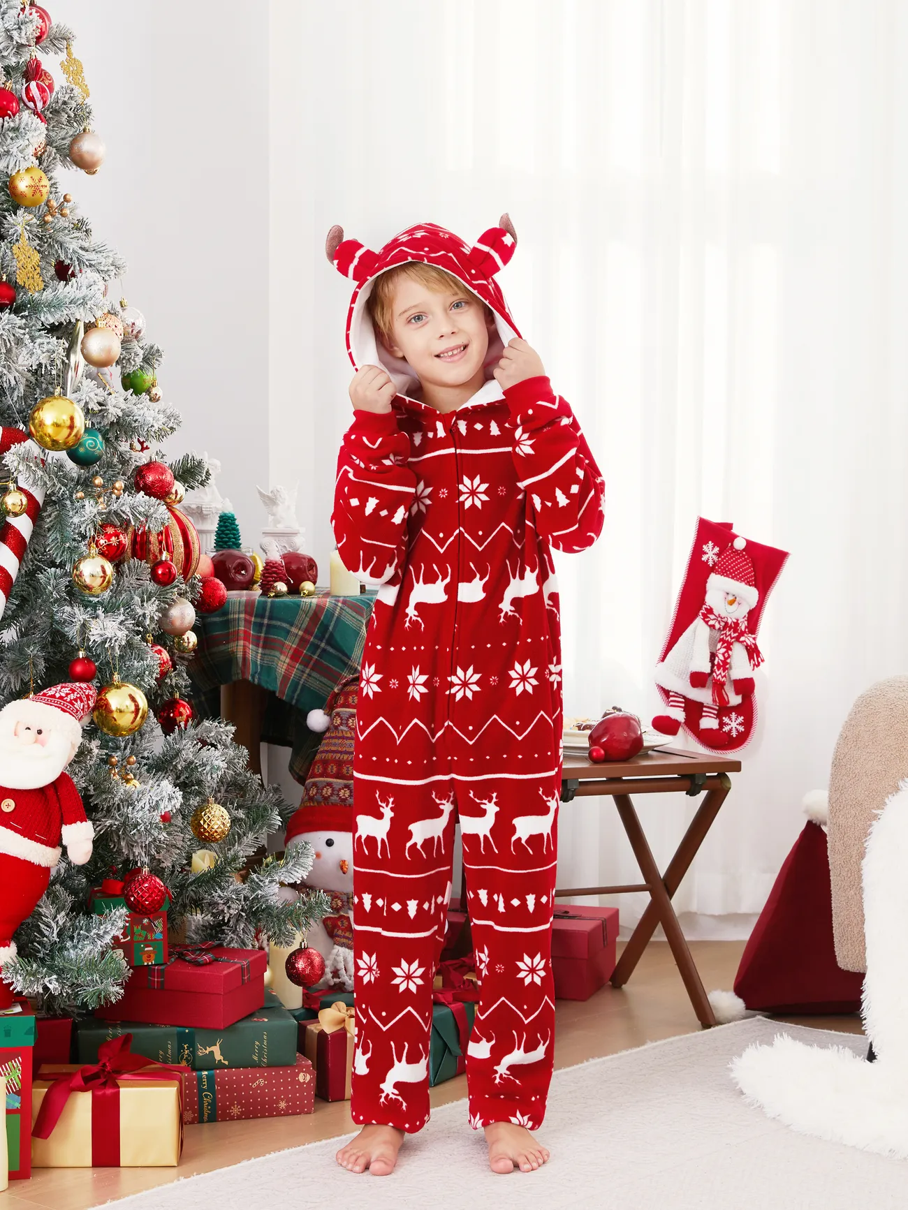 

Christmas Pajamas Sets Polar Fleece 3D Antler Reindeer Pattern Onesies Matching Family Outfits