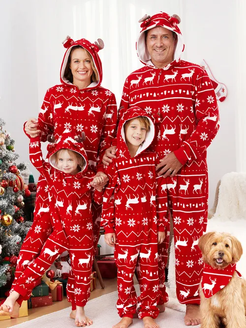 Christmas Onesie Red Reindeer Pattern - Matching Family Pajamas Fleece