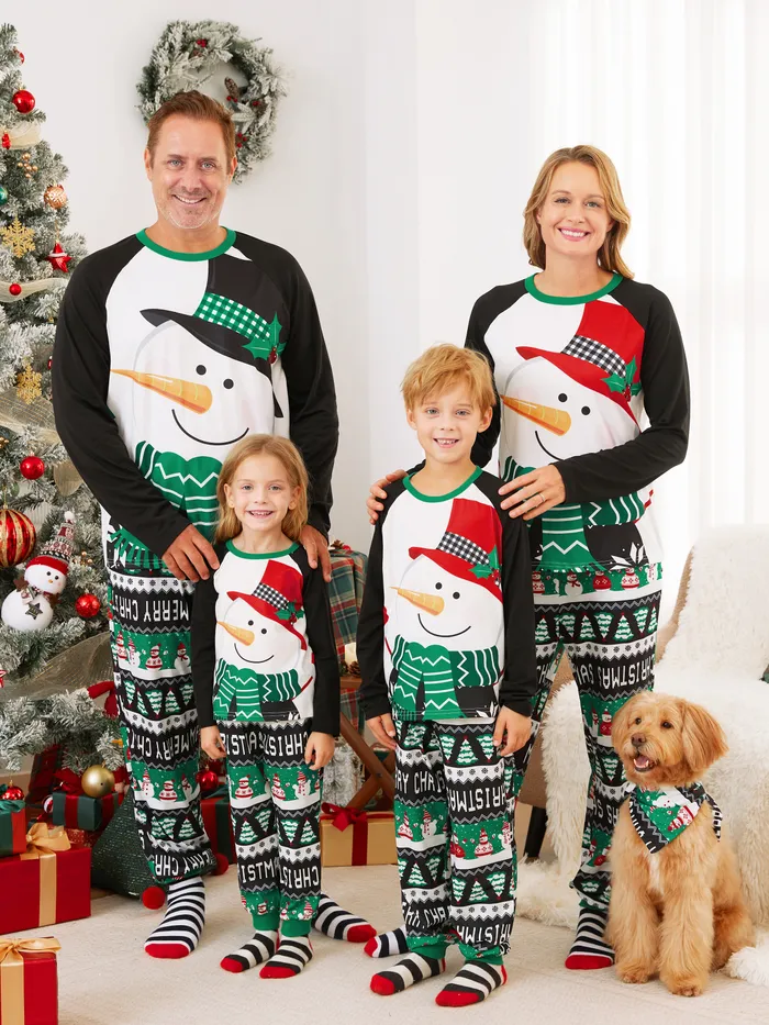 Christmas Family Matching Raglan Sleeves Snow Man Top Hat Top Allover Pattern Pants Pajamas Sets with Drawstring and Pockets 