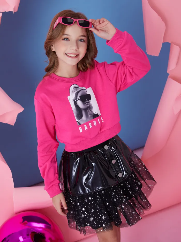 Barbie Toddler/Kid Girl 2pcs Character Print Sweatshirt And Leather Tulle Skirt Set 