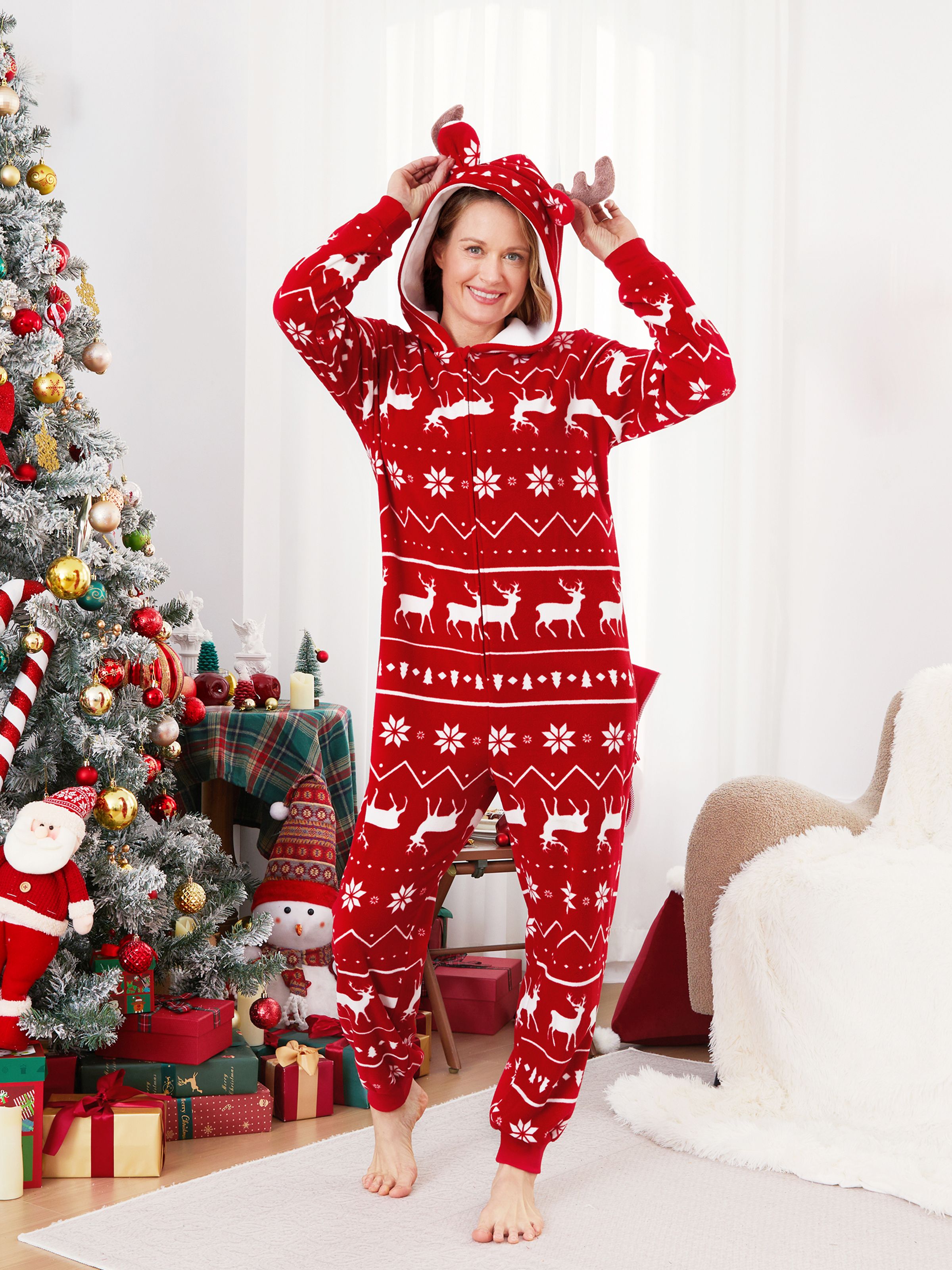 

Christmas Pajamas Sets Polar Fleece 3D Antler Reindeer Pattern Onesies Matching Family Outfits