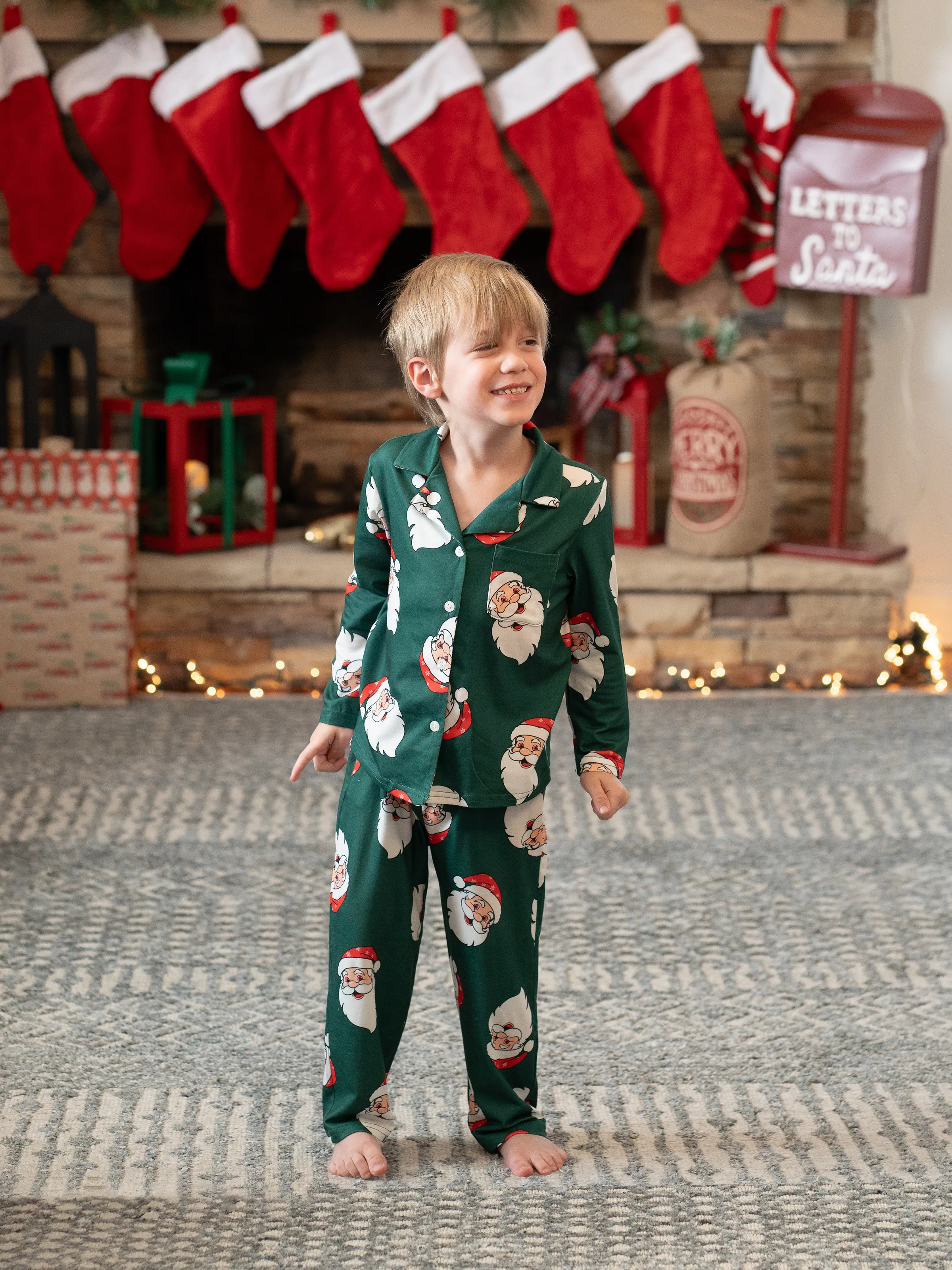 

Christmas Family Matching Dark Green Allover Santa Pattern Lapel Pajamas Sets with Drawstring and Pockets