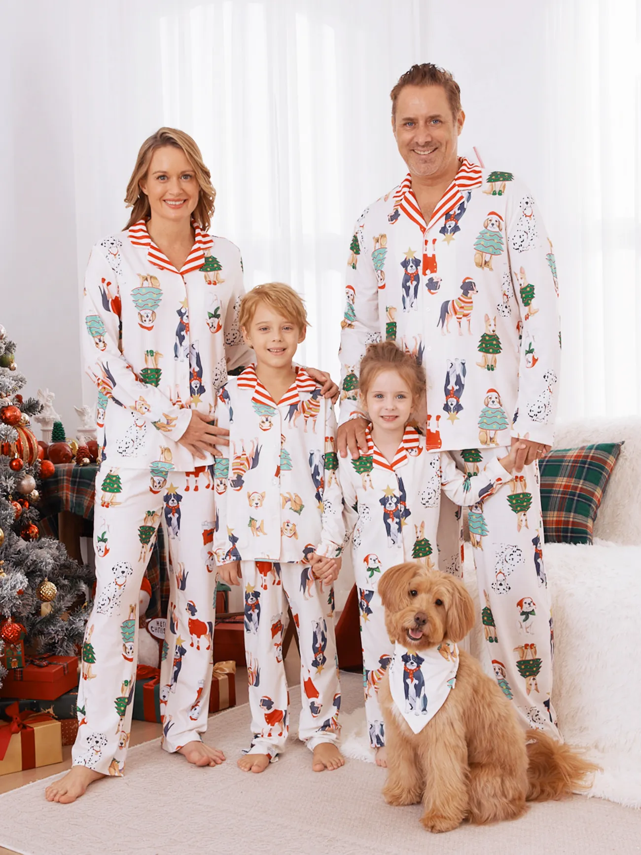 White Christmas Pajamas with Stripe Collar - Matching Family PJ Sets