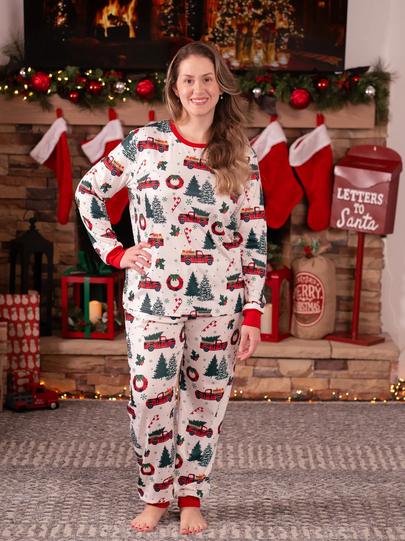 Christmas Family Matching Allover Xmas Tree & Car Print Long-sleeve Pajamas Sets