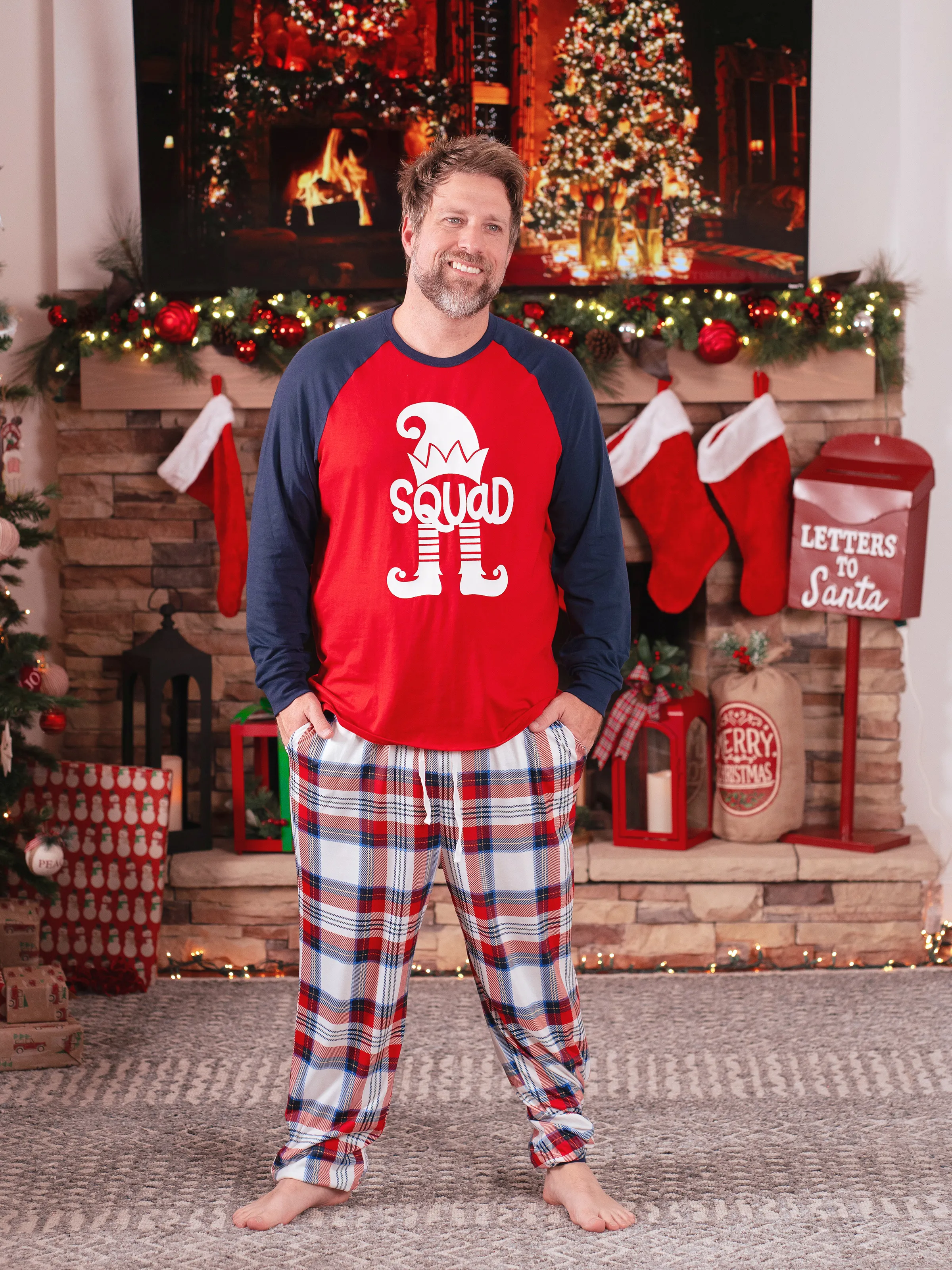 

Christmas Pajamas Family Matching Raglan Sleeves Elf Squad Graphic Top Plaid pants Pajamas Sets