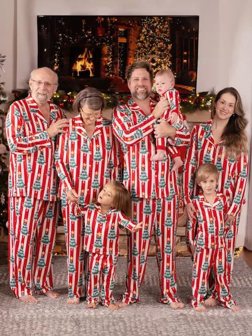 Family Christmas Pajamas - Red and White Stripes Pajamas with Collar (Green Christmas Tree Pattern)