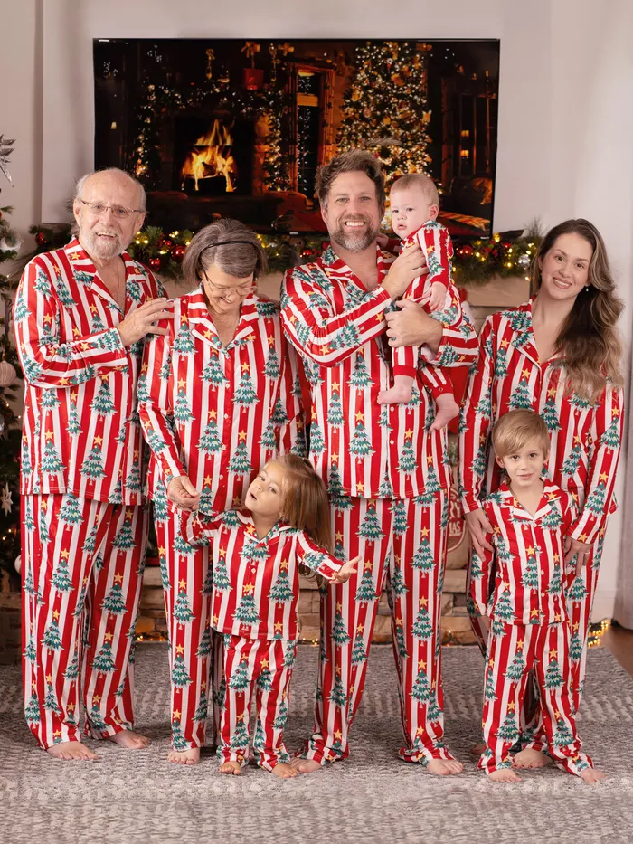 Red and White Stripes Pajamas with Green Christmas Tree Pattern Matching Family Pajamas Sets