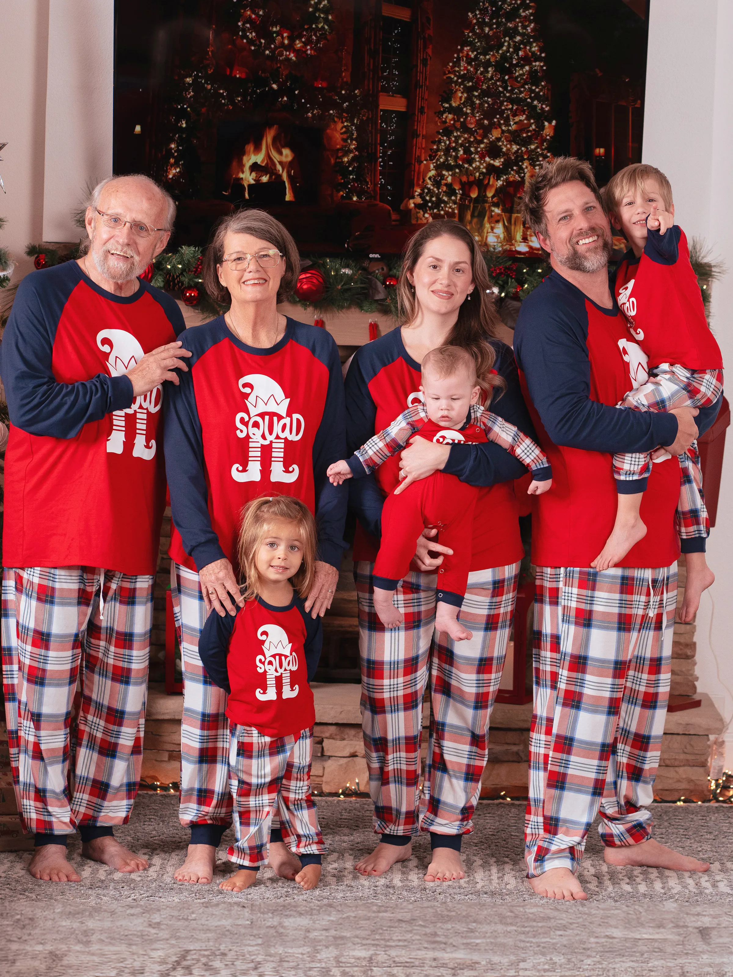 Christmas Pajamas Family Matching Raglan Sleeves Elf Squad Graphic Top Plaid pants Pajamas Sets