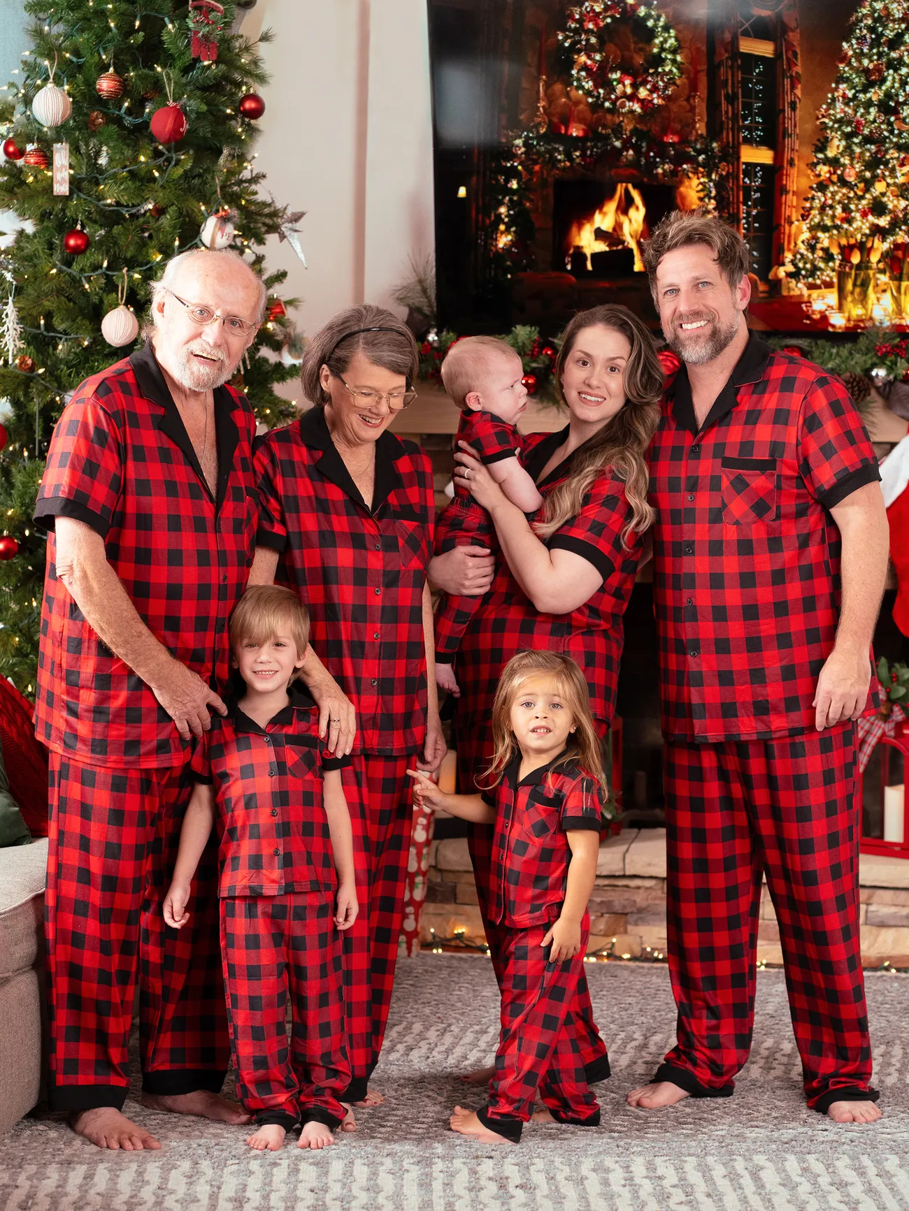 Christmas Pajamas Short Sleeves Red & Black Plaid Collared Pajamas Sets