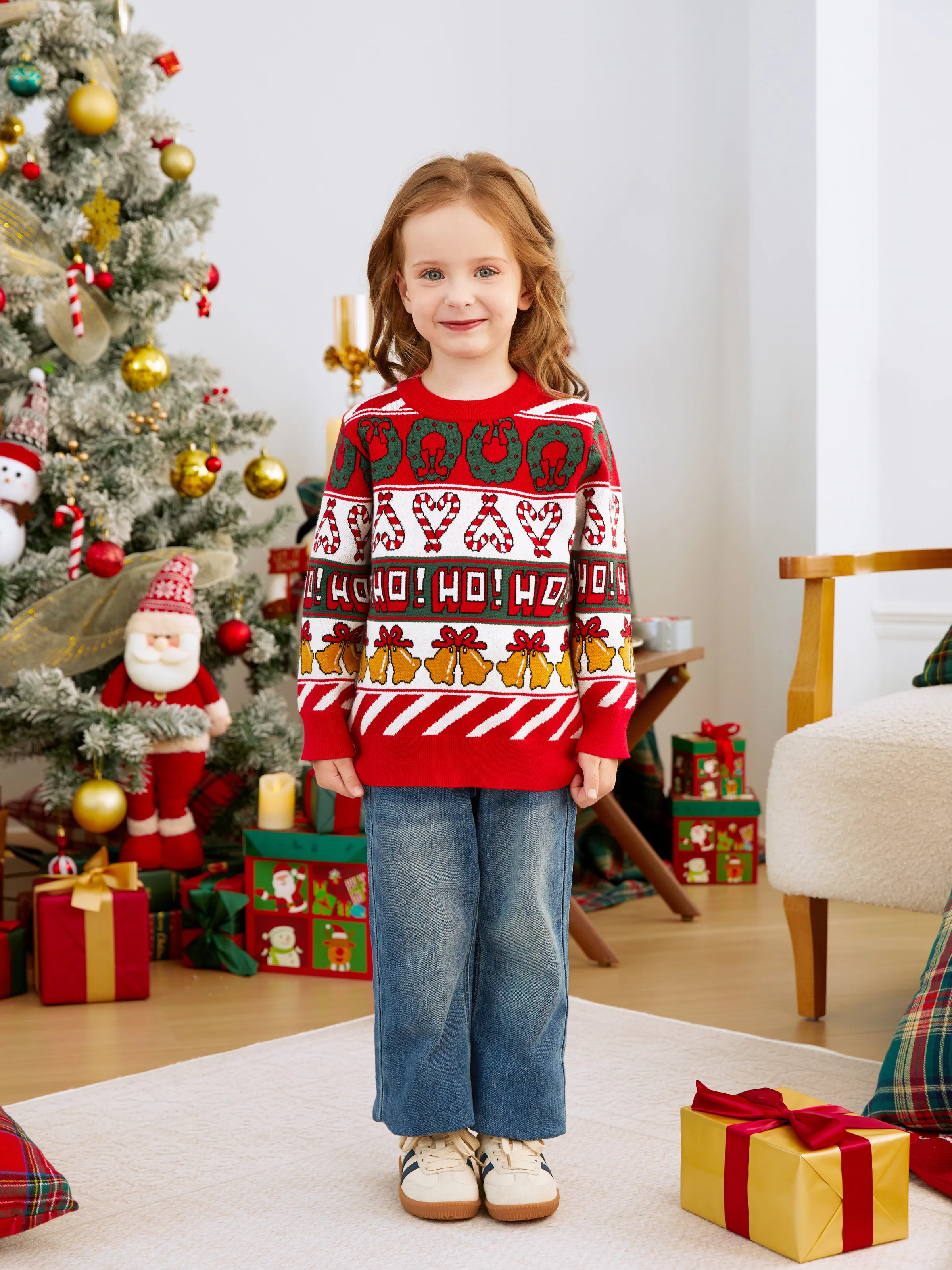 Weihnachten Familie Passende Tops Allover Weihnachten Glocke & Zuckerstange Pullover