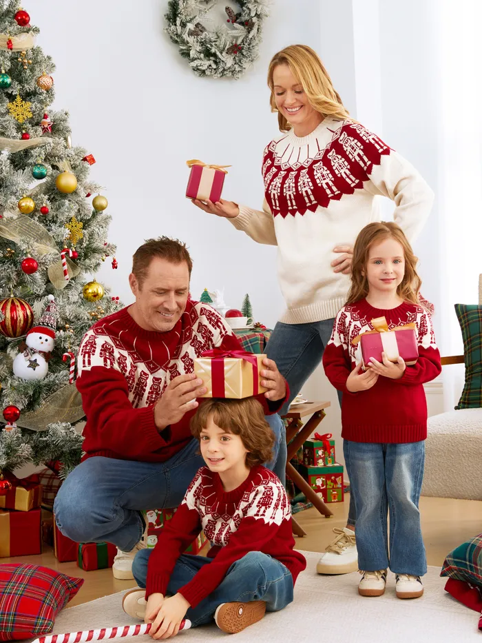 Suéter de Cascanueces de Navidad Rojo y Blanco Tops a juego de punto para la familia