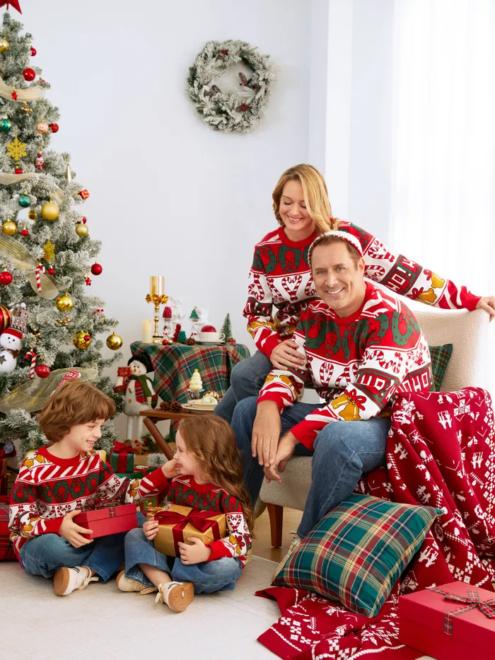 Christmas Family Matching Tops Allover Xmas Bell & Candy Cane Sweater 