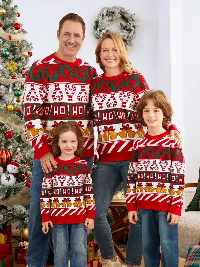 Christmas Family Matching Tops Allover Xmas Bell & Candy Cane Sweater 