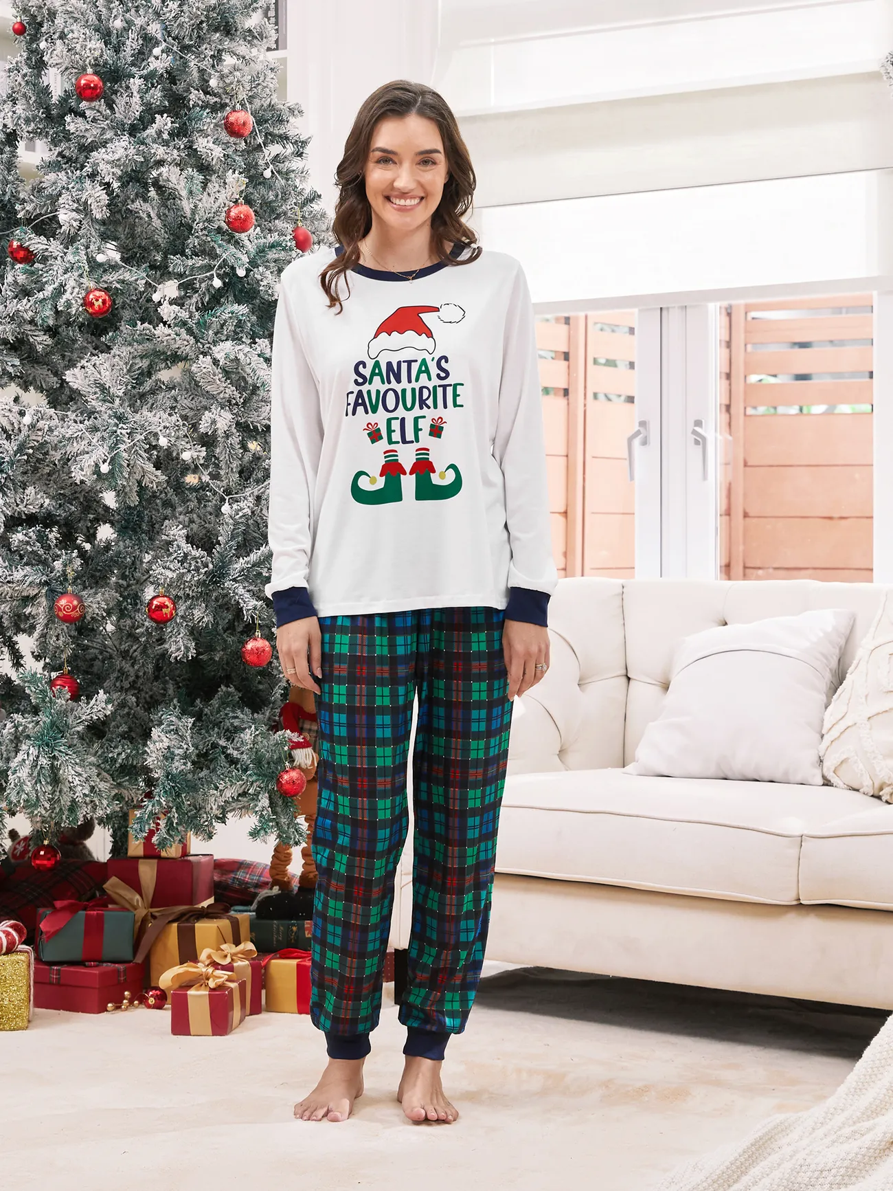 

Christmas Family Matching Santa's Favorite ELF Plaid Pants Pajamas Sets