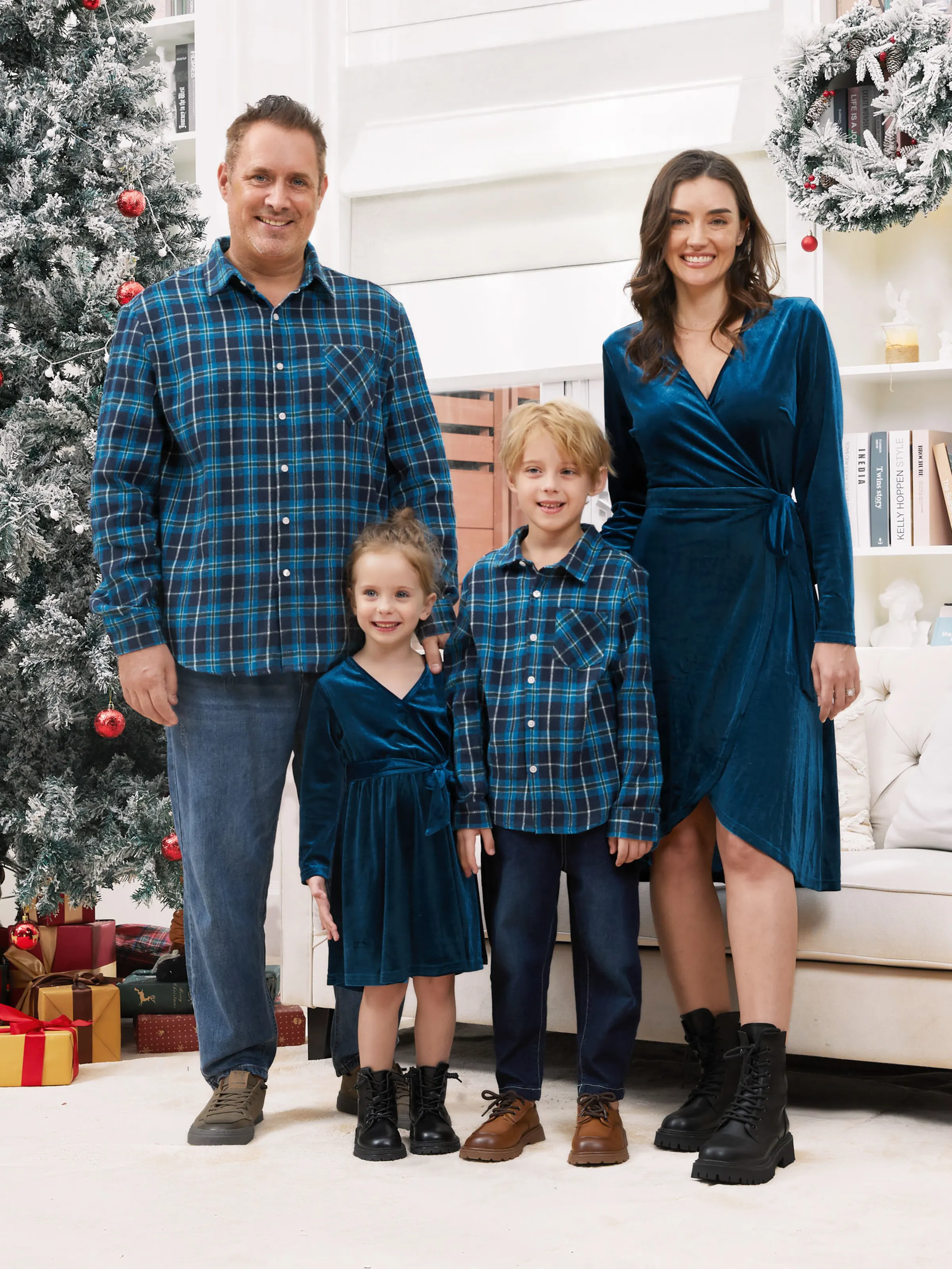 Blue Matching Family Outfit Plaid Shirt and Velvet Dress Long Sleeves