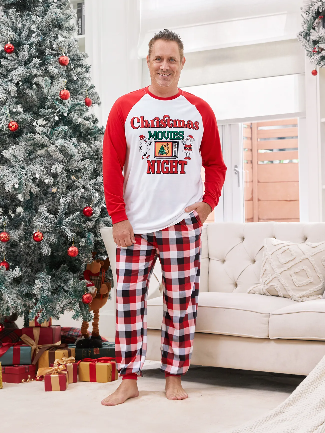 

Christmas Movie Night Red Plaid Pajamas Raglan Sleeves Santa and Snowman Pattern